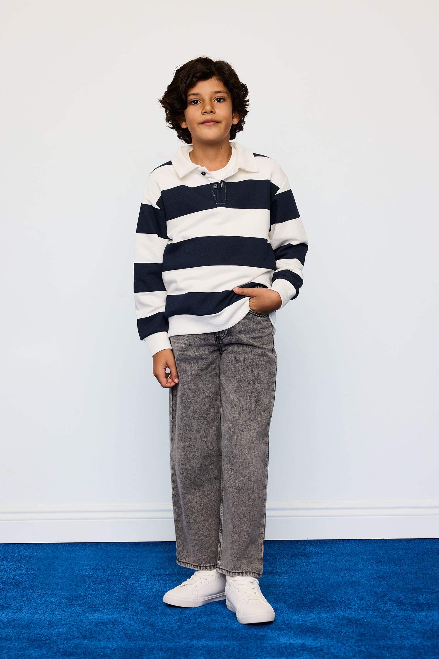 Erkek Çocuk Polo Yaka Çizgili Sweatshirt