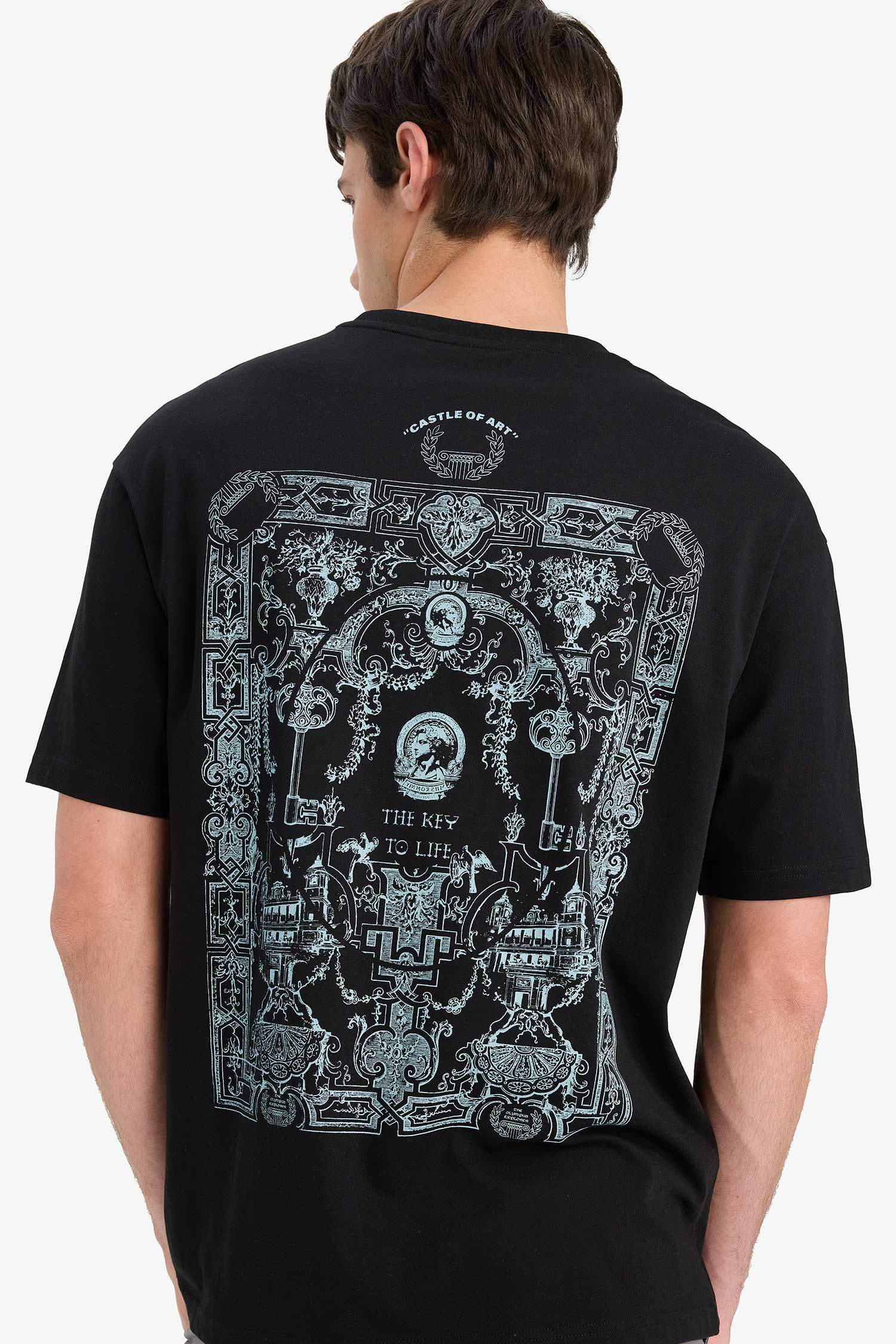 %100 Pamuk Boxy Fit Bisiklet Yaka Sırt Baskılı Kısa Kollu Tişört