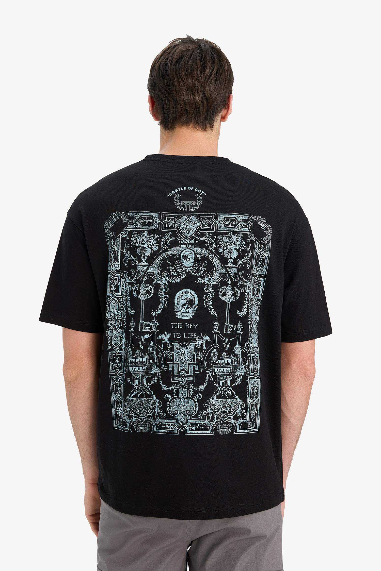 %100 Pamuk Boxy Fit Bisiklet Yaka Sırt Baskılı Kısa Kollu Tişört