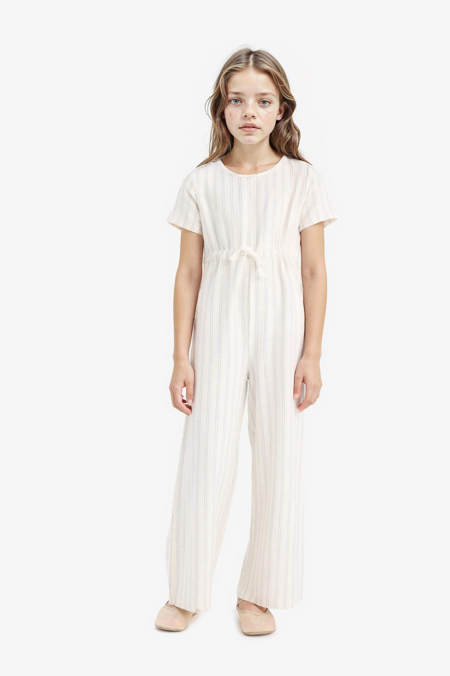 Girl Short Sleeve Striped Viscose Jumpsuit