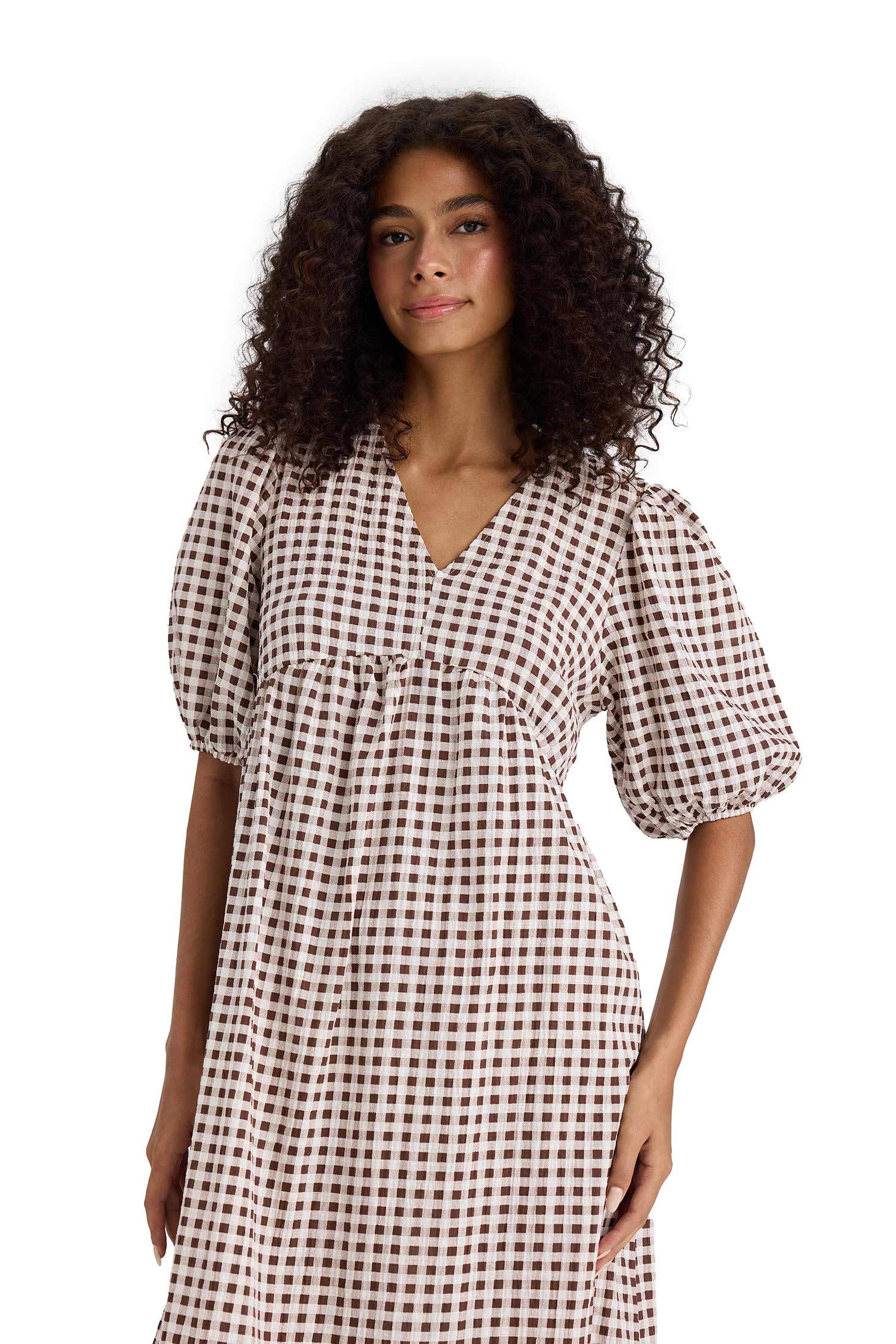 فستان ميدي كاروهات مطبوع بياخة V