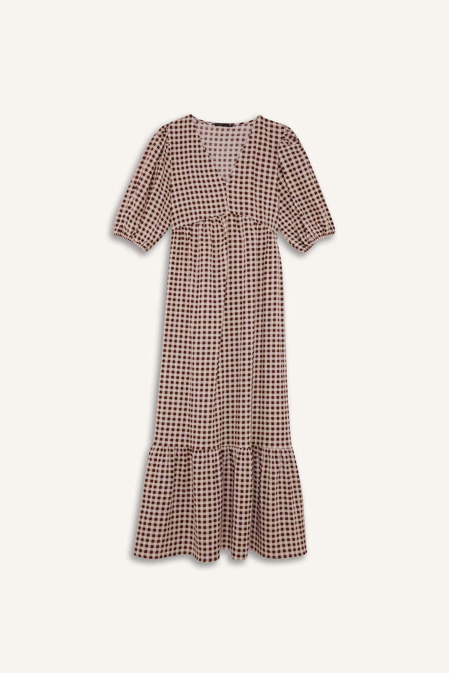 فستان ميدي كاروهات مطبوع بياخة V