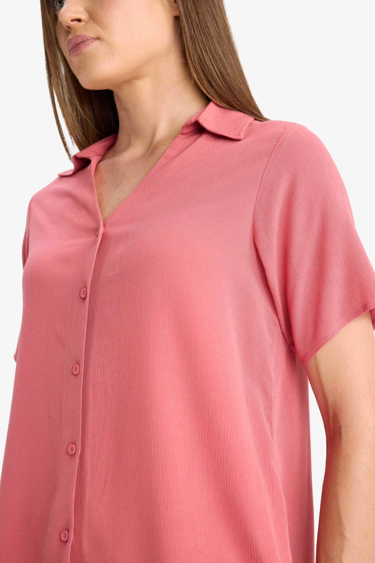 Regular Fit Kaçık Yaka Krinkıl Viskon Kısa Kollu Gömlek