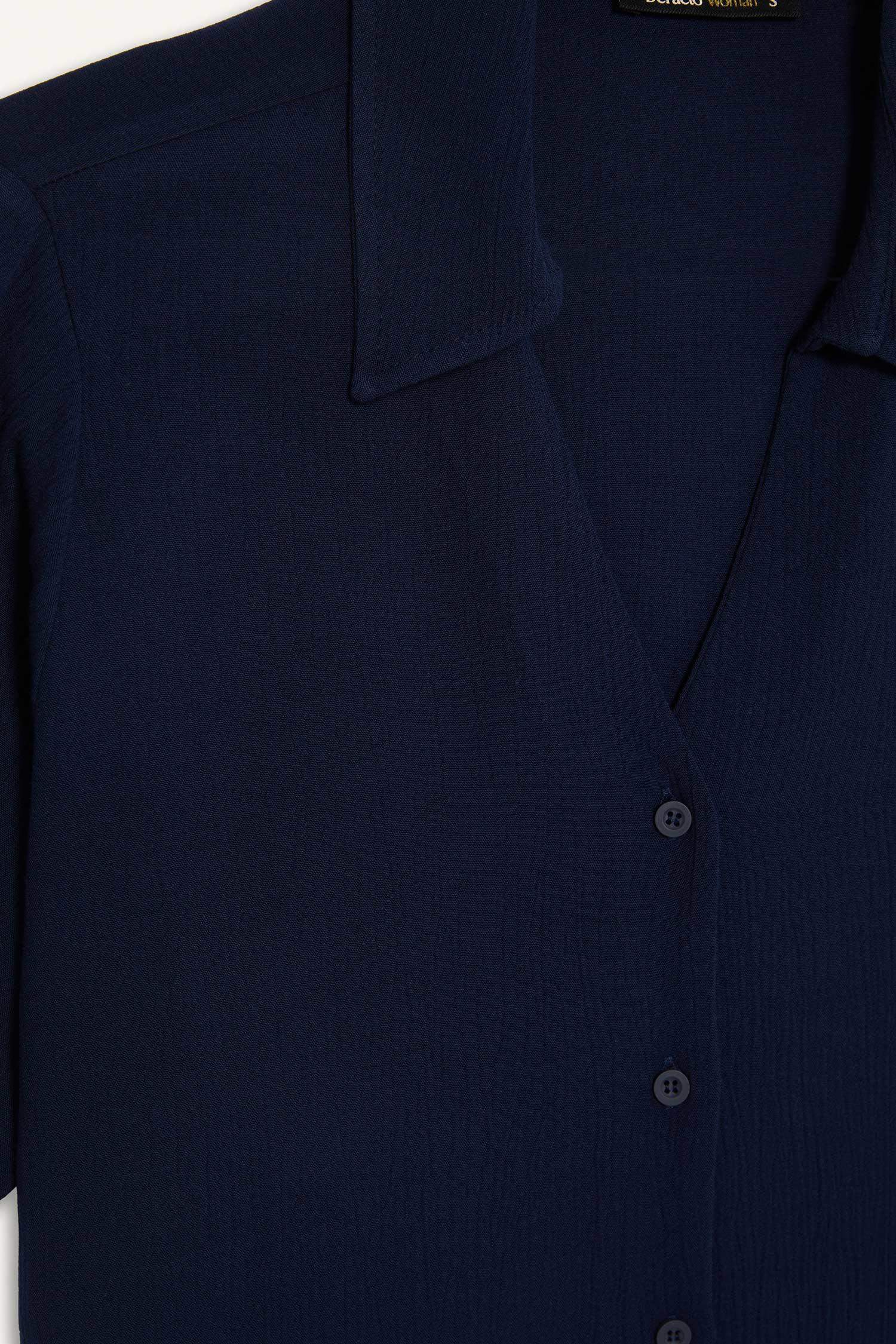 Regular Fit Flap Collar Crinkle Viscose Short Sleeve Shirt