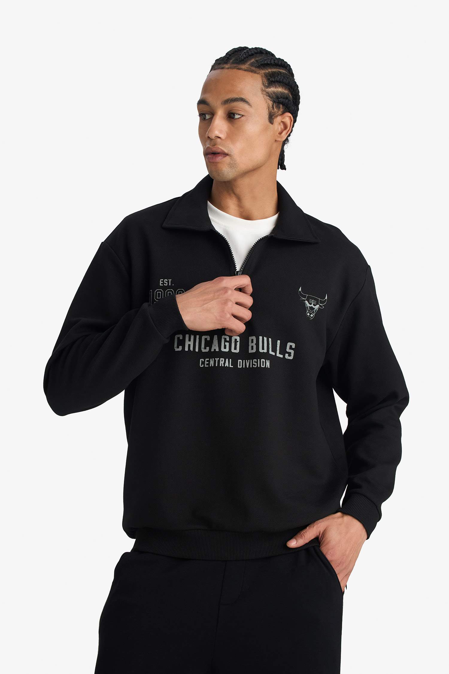 NBA Chicago Bulls Relax Fit Polo Yaka Jakarlı Sweatshirt