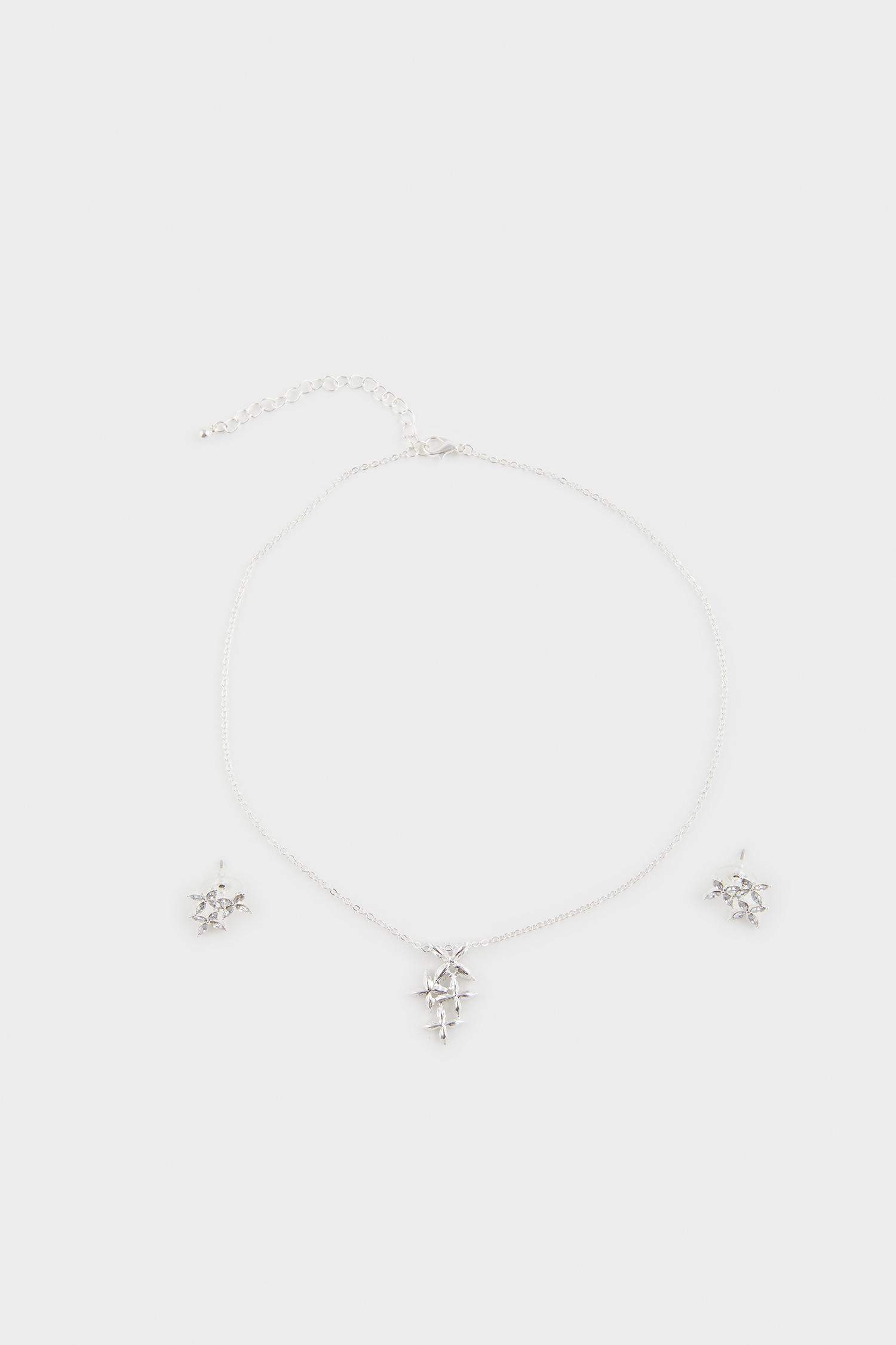 Kadın Taşlı Çiçekli Silver Kolye Küpe Seti