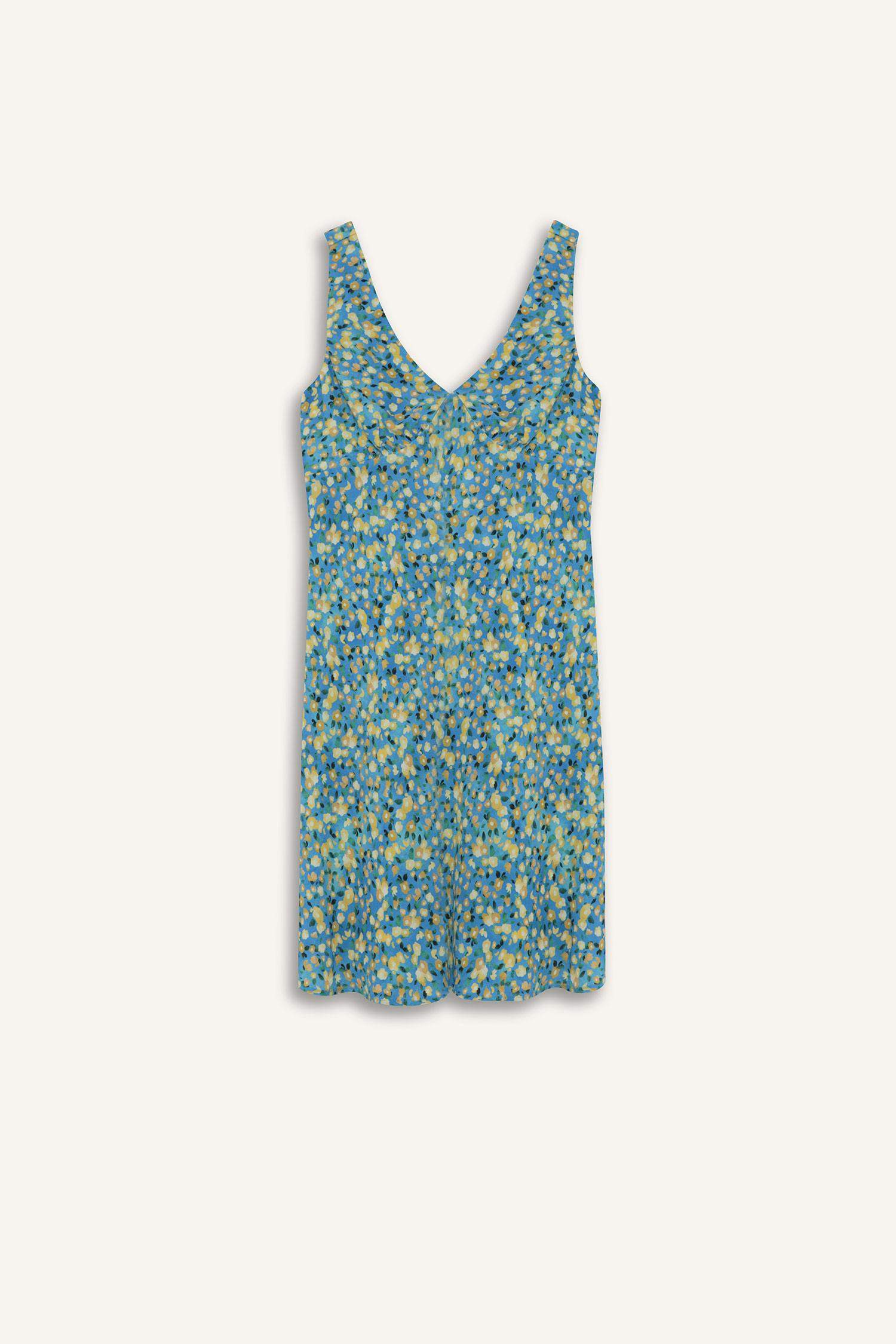 V Yaka Çiçekli Maroken Kolsuz Mini Elbise