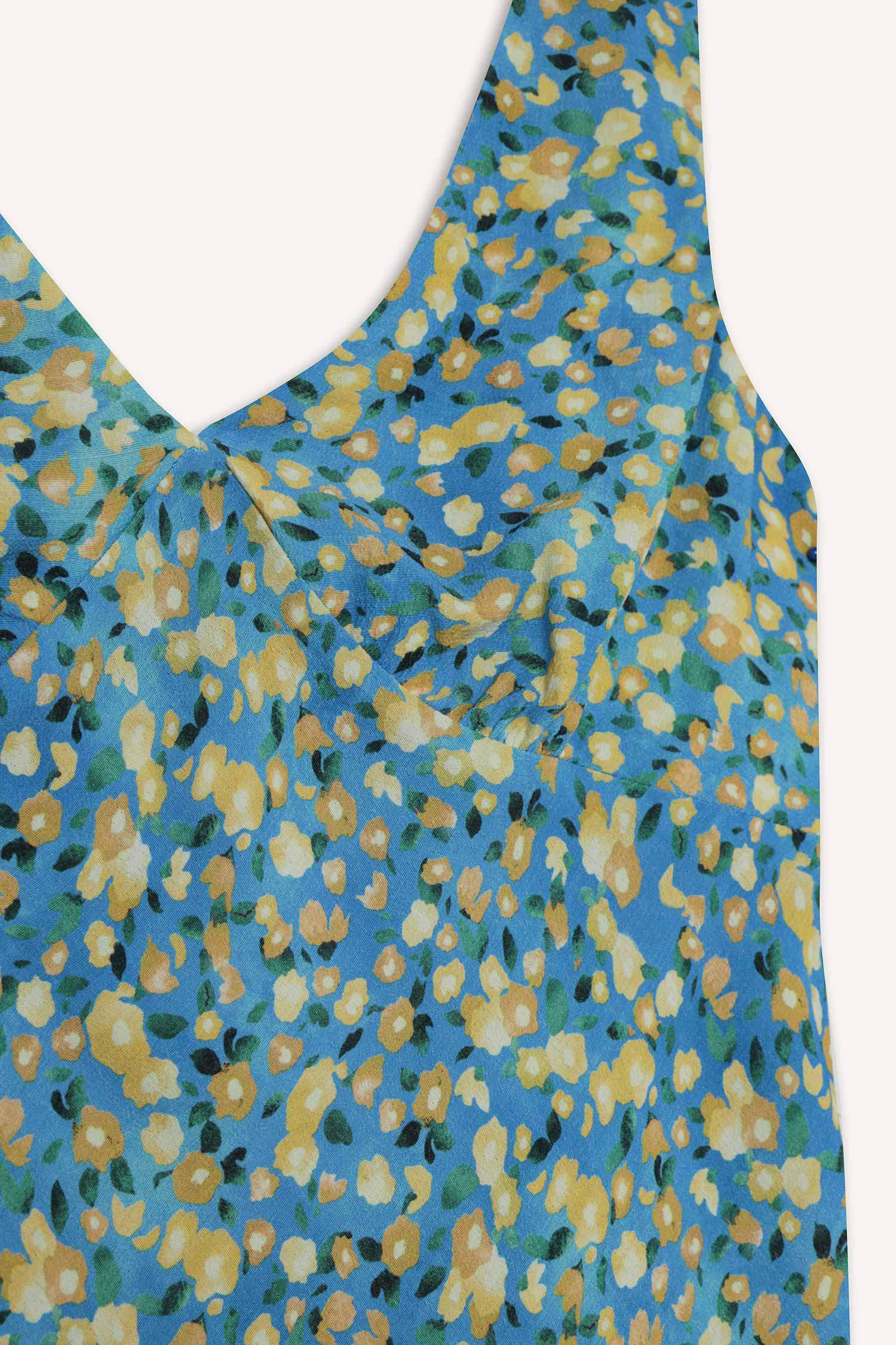 V Yaka Çiçekli Maroken Kolsuz Mini Elbise