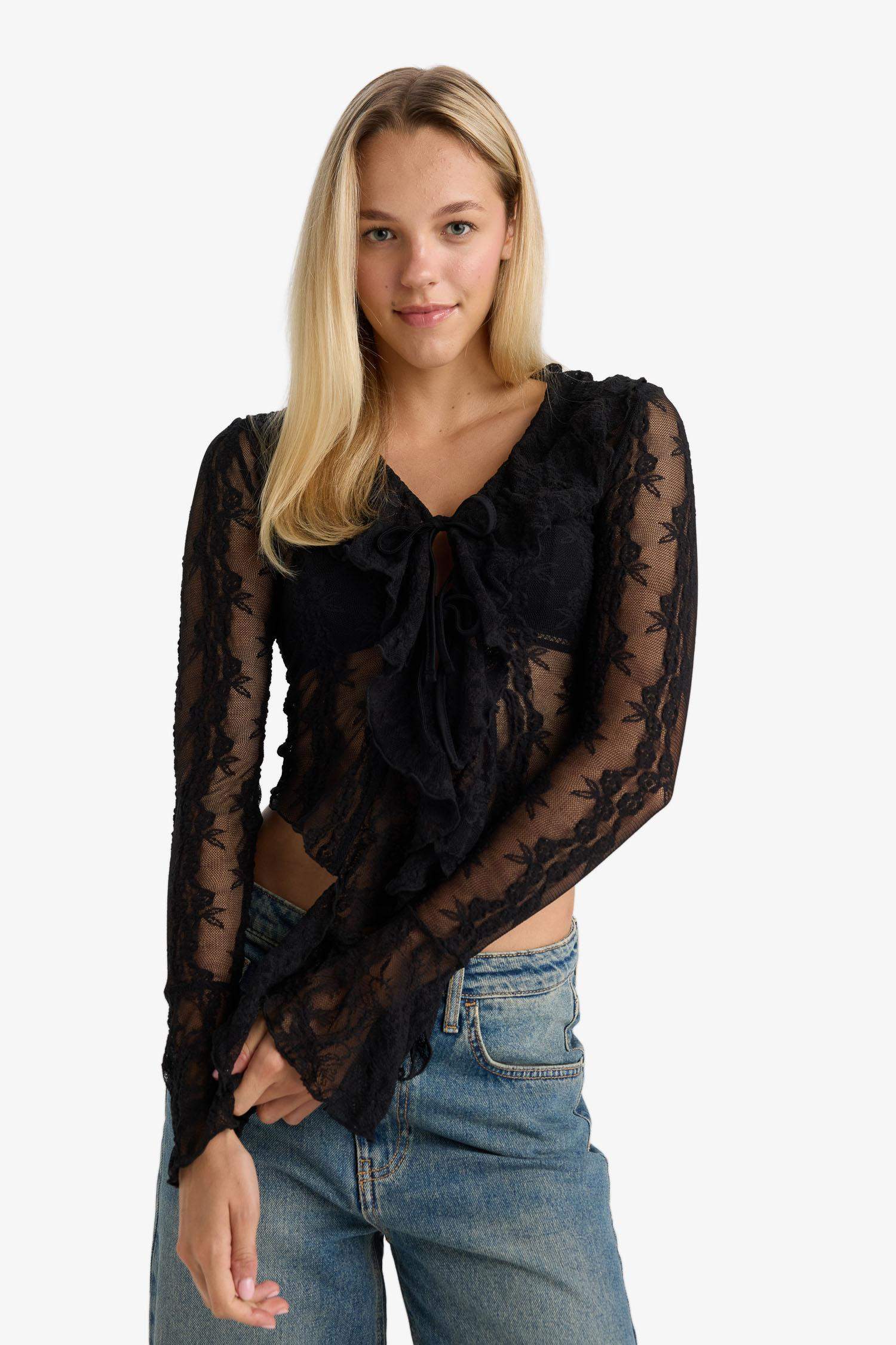 Slim Fit Dar Kesim V Yaka Dantel Önden Bağlamalı Uzun Kollu Bluz