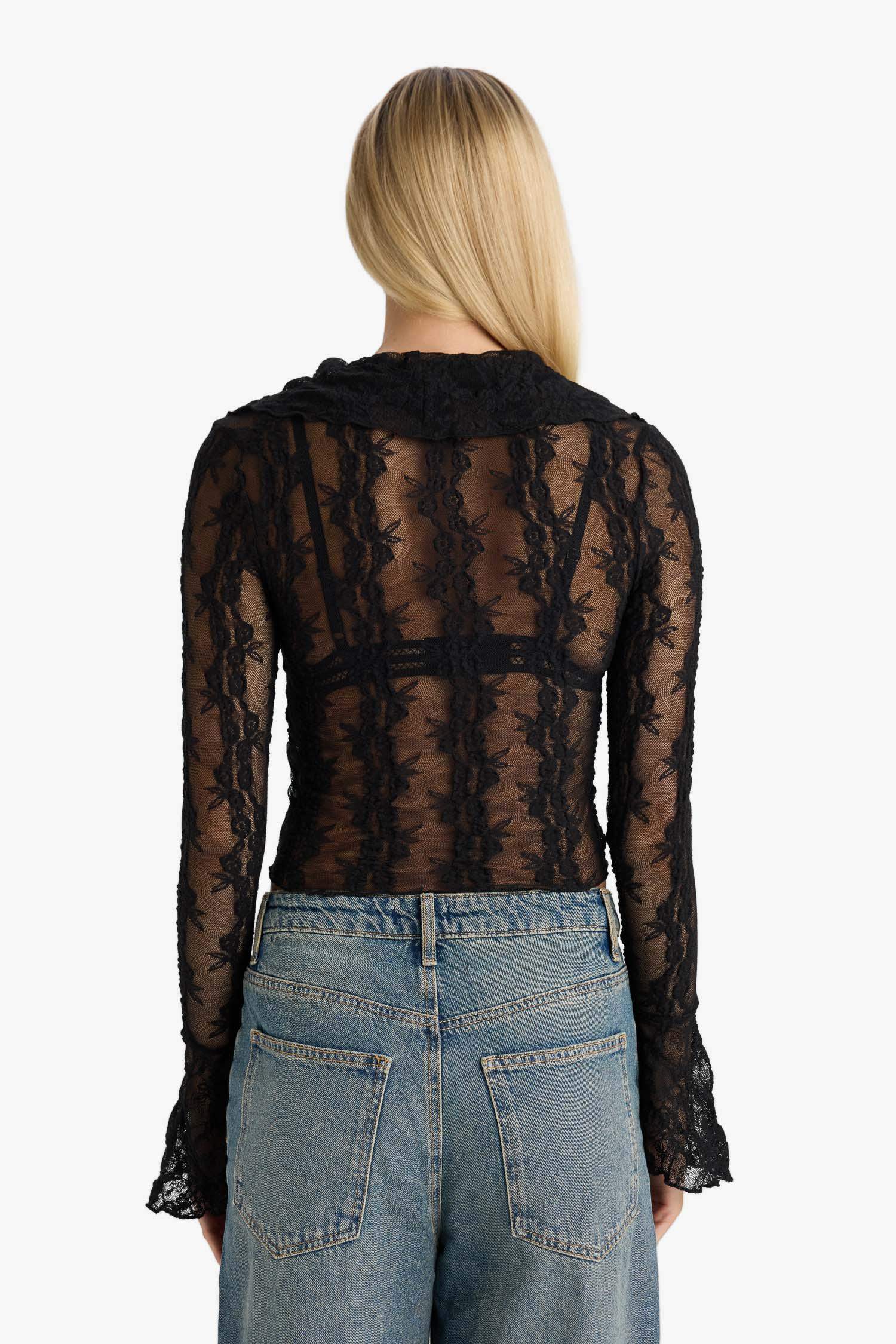 Slim Fit Dar Kesim V Yaka Dantel Önden Bağlamalı Uzun Kollu Bluz