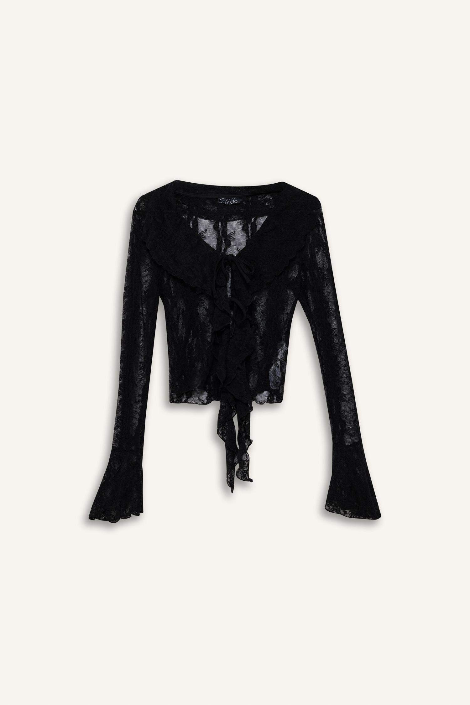 Slim Fit Dar Kesim V Yaka Dantel Önden Bağlamalı Uzun Kollu Bluz