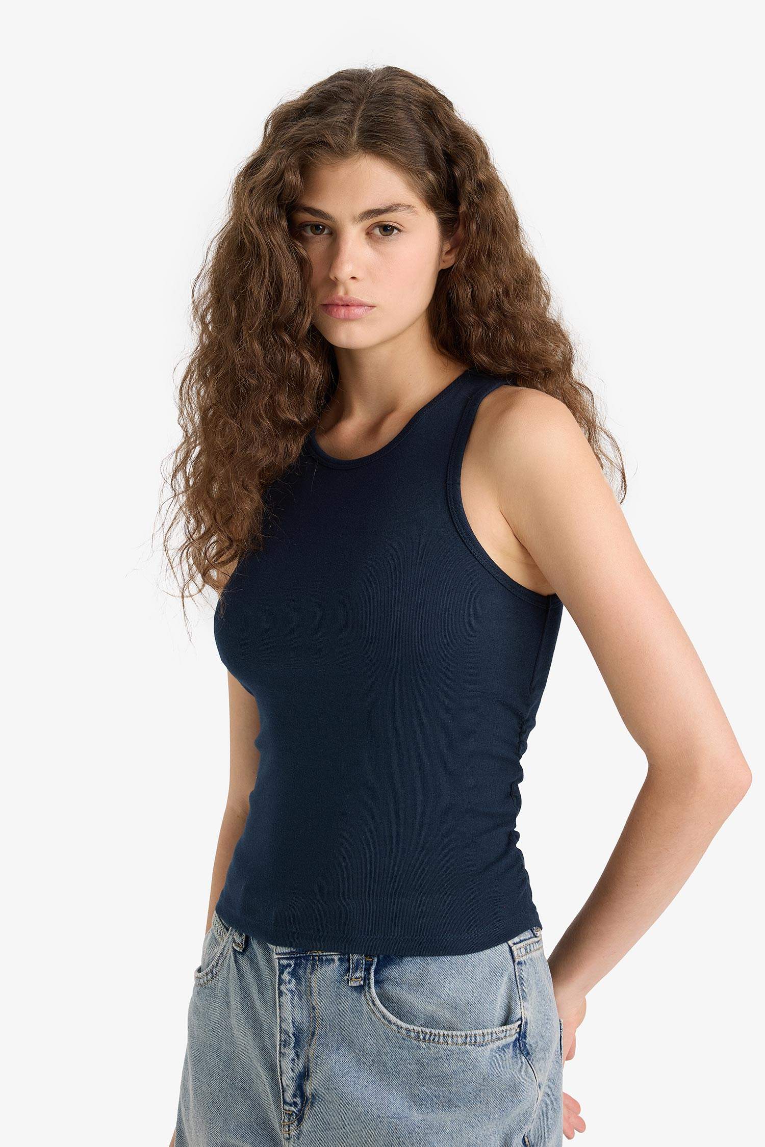 Fitted Bisiklet Yaka Basic Düz Ribana Siyah Atlet