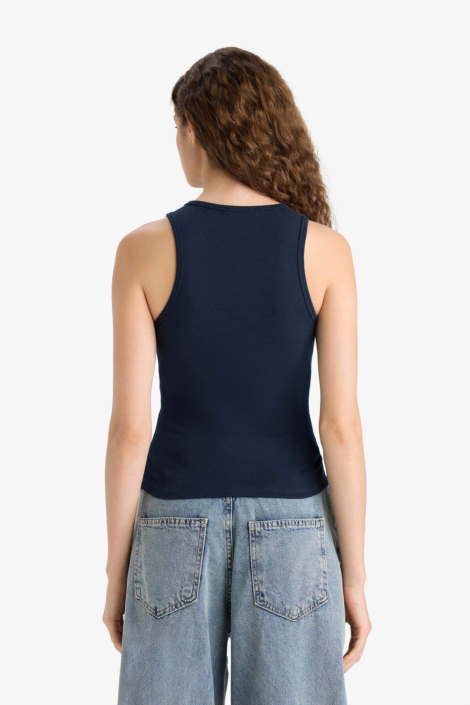 Fitted Bisiklet Yaka Basic Düz Ribana Siyah Atlet