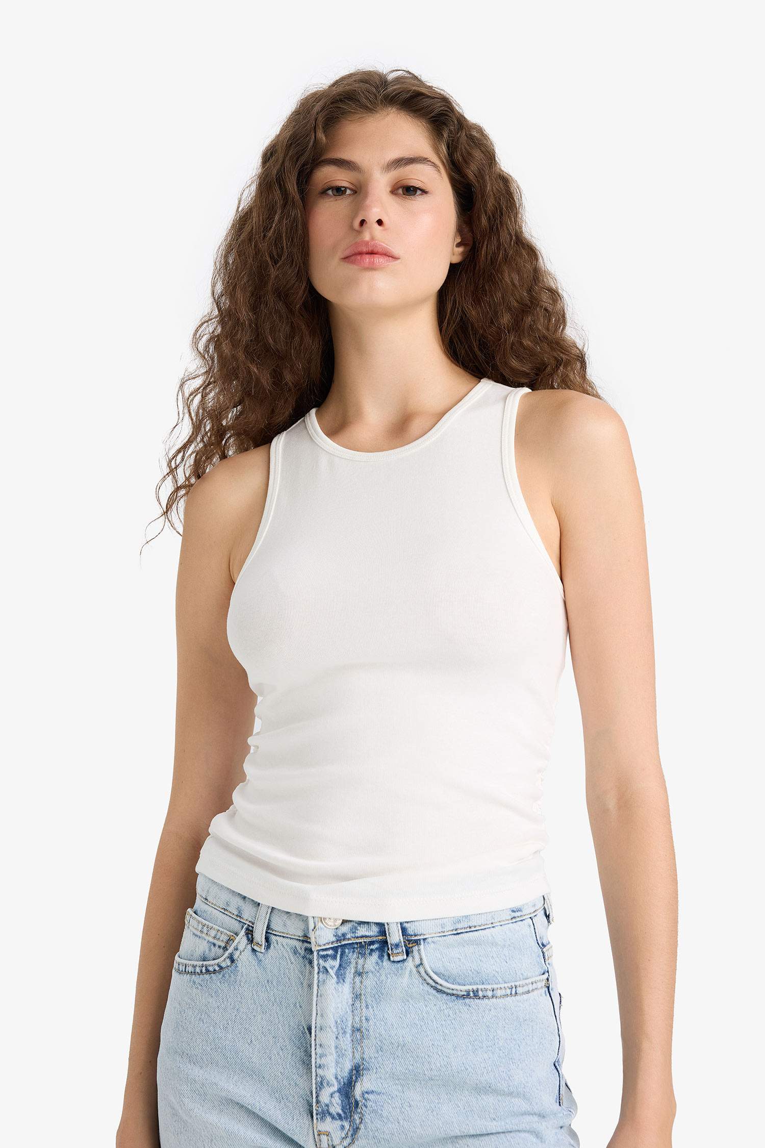 Fitted Bisiklet Yaka Basic Düz Ribana Beyaz Atlet