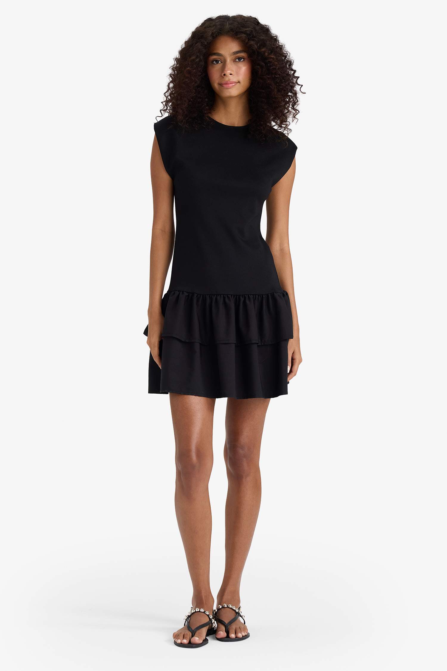 Bisiklet Yaka Kısa Kollu Mini Elbise