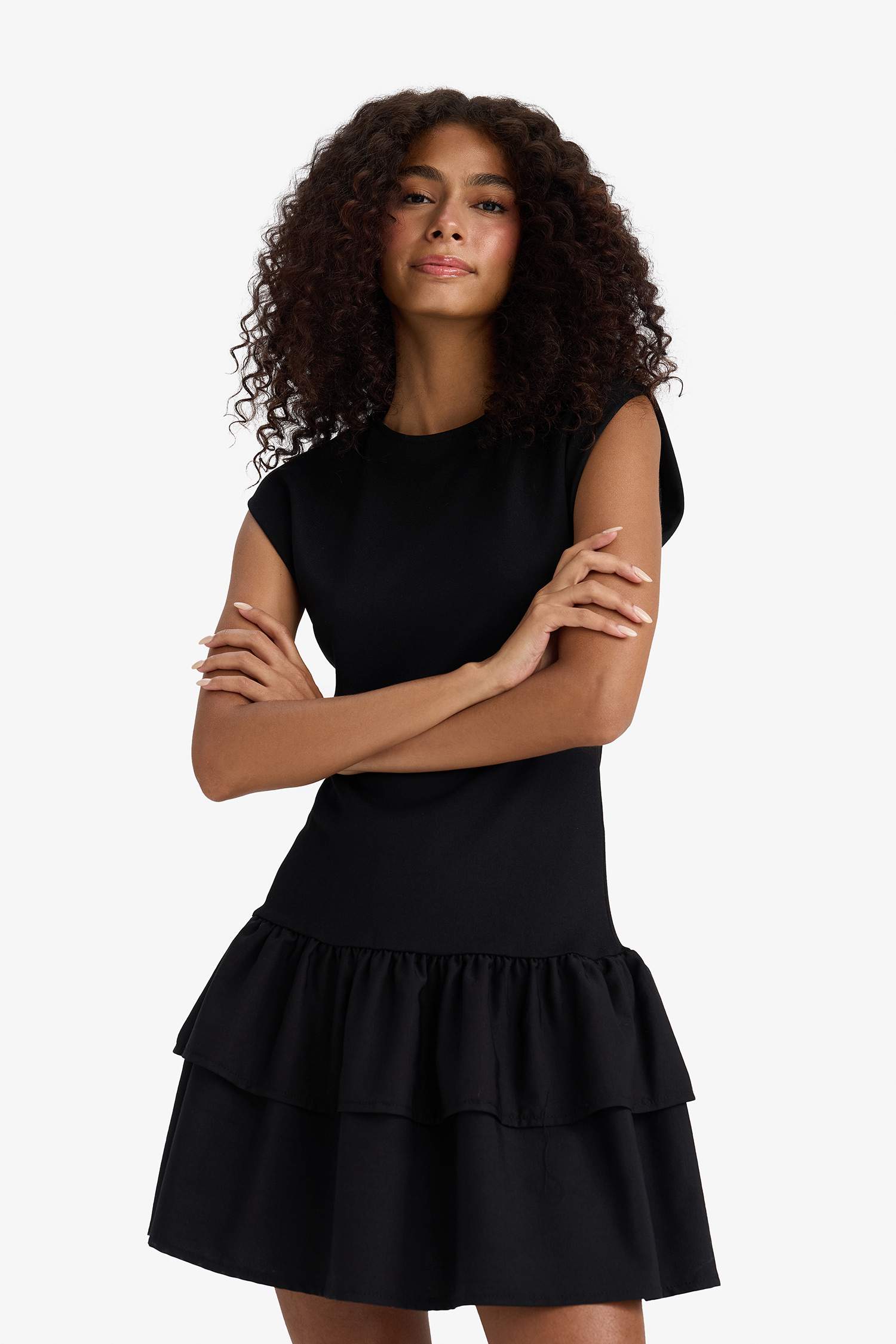 Bisiklet Yaka Kısa Kollu Mini Elbise