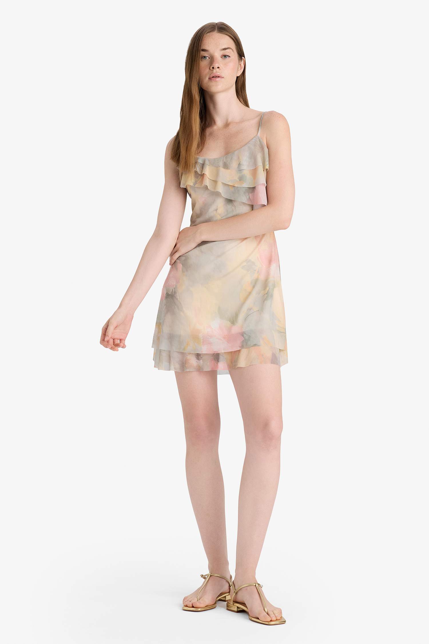 Fırfırlı Yaka Çiçek Desenli Tül Askılı Mini Elbise