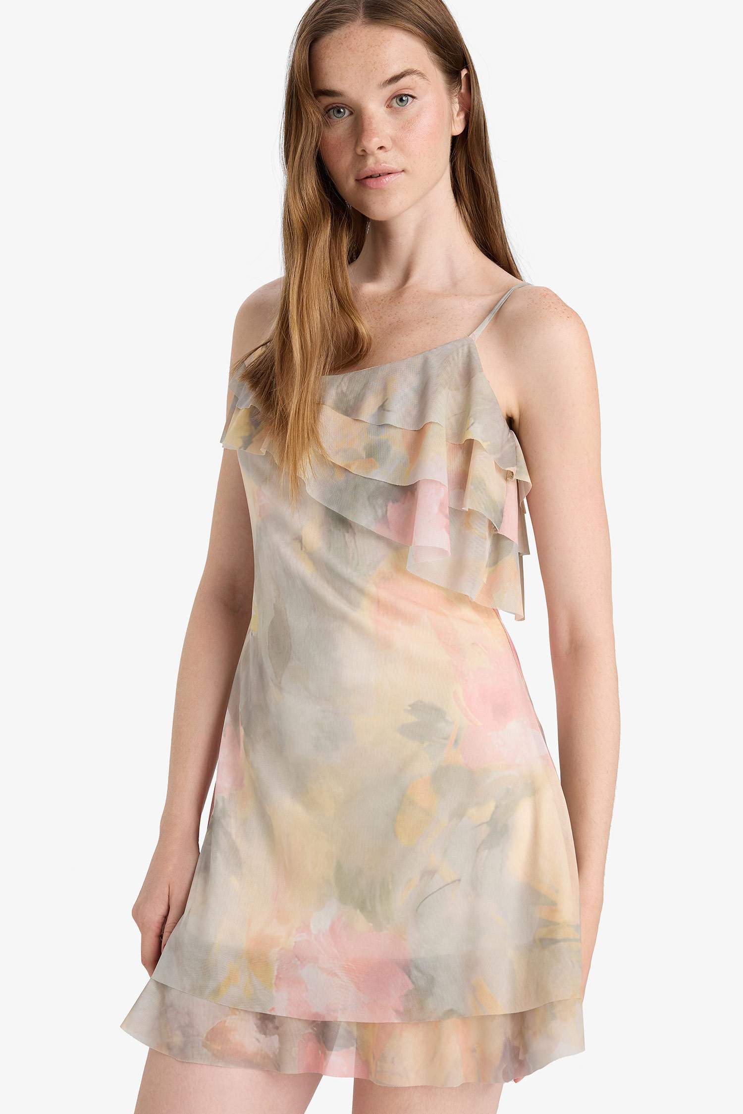 Fırfırlı Yaka Çiçek Desenli Tül Askılı Mini Elbise