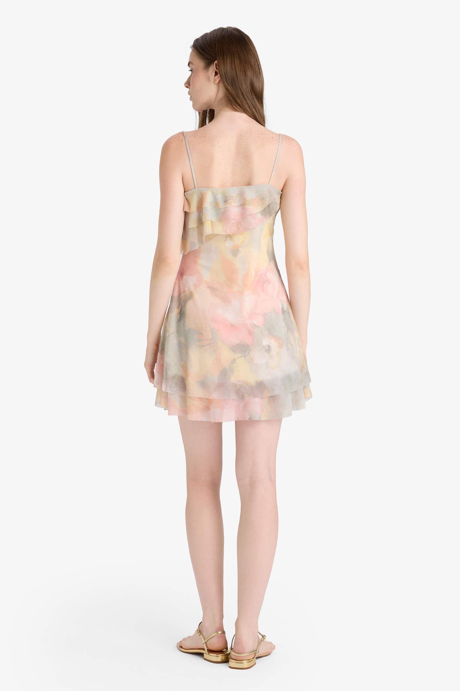 Fırfırlı Yaka Çiçek Desenli Tül Askılı Mini Elbise