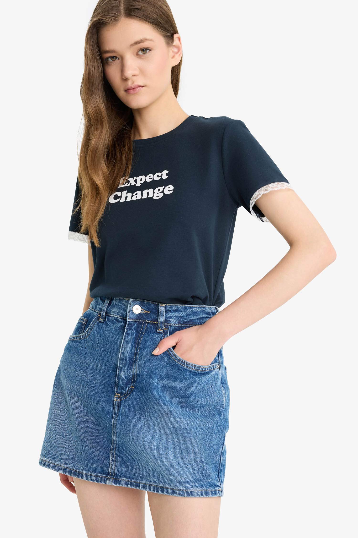 Fitted Baskılı Ribana Kısa Kollu Tişört