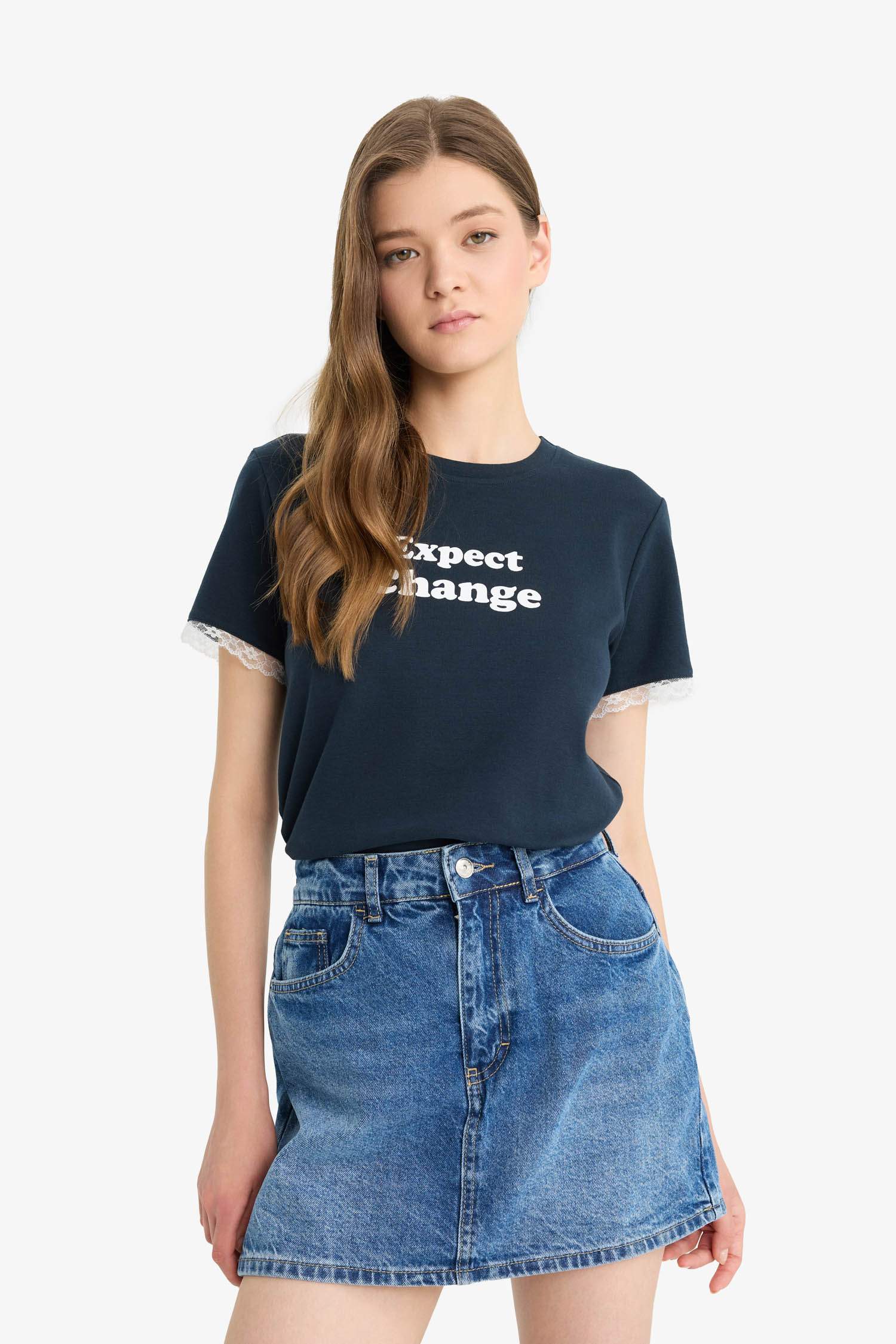 Fitted Baskılı Ribana Kısa Kollu Tişört