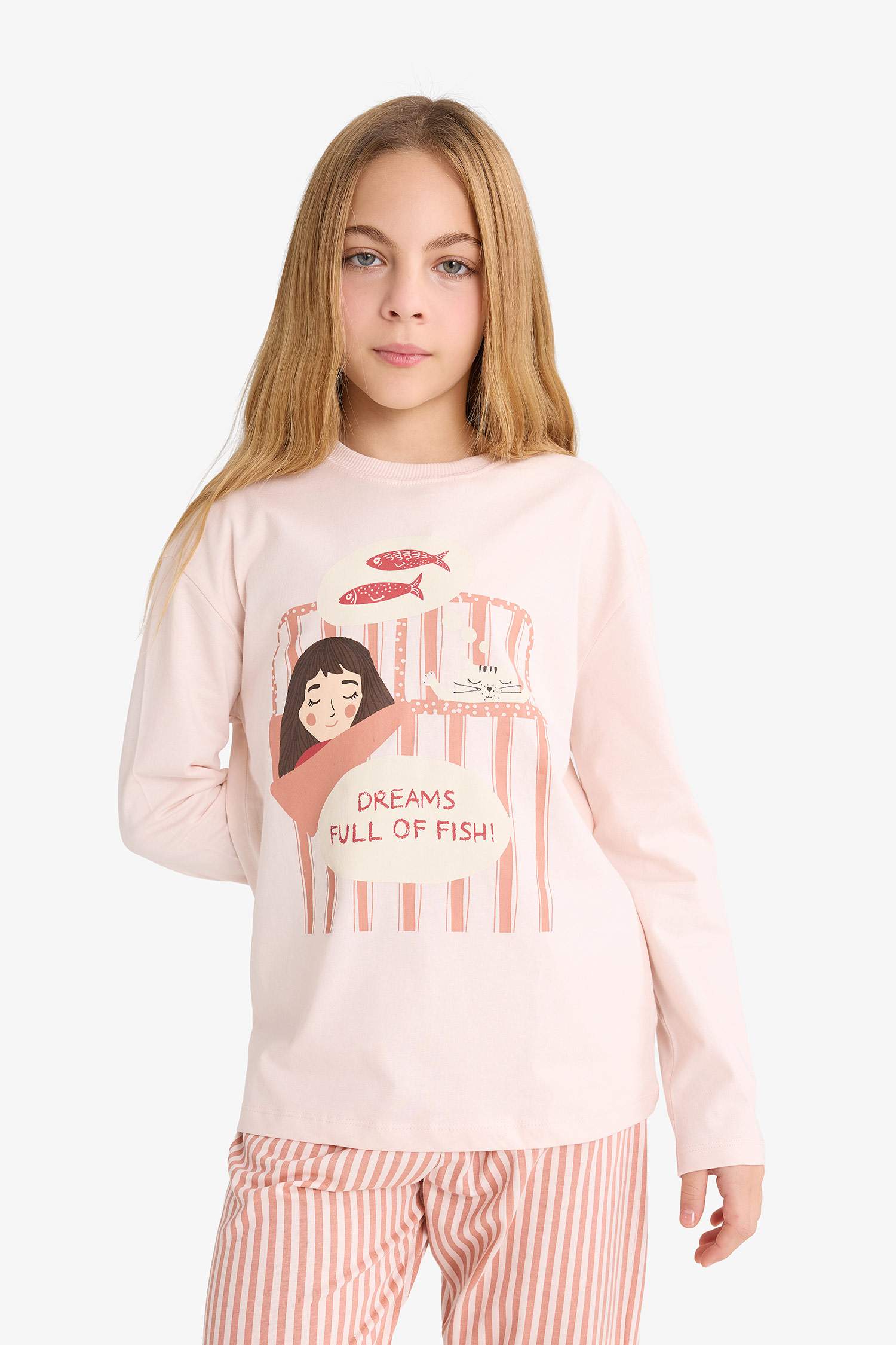 Kız Çocuk Pijama Takımı Baskılı Uzun Kollu Üst Çizgili Uzun Alt