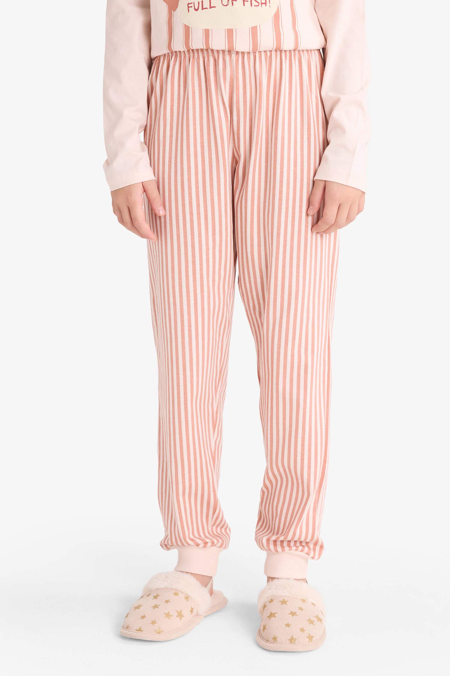 Kız Çocuk Pijama Takımı Baskılı Uzun Kollu Üst Çizgili Uzun Alt