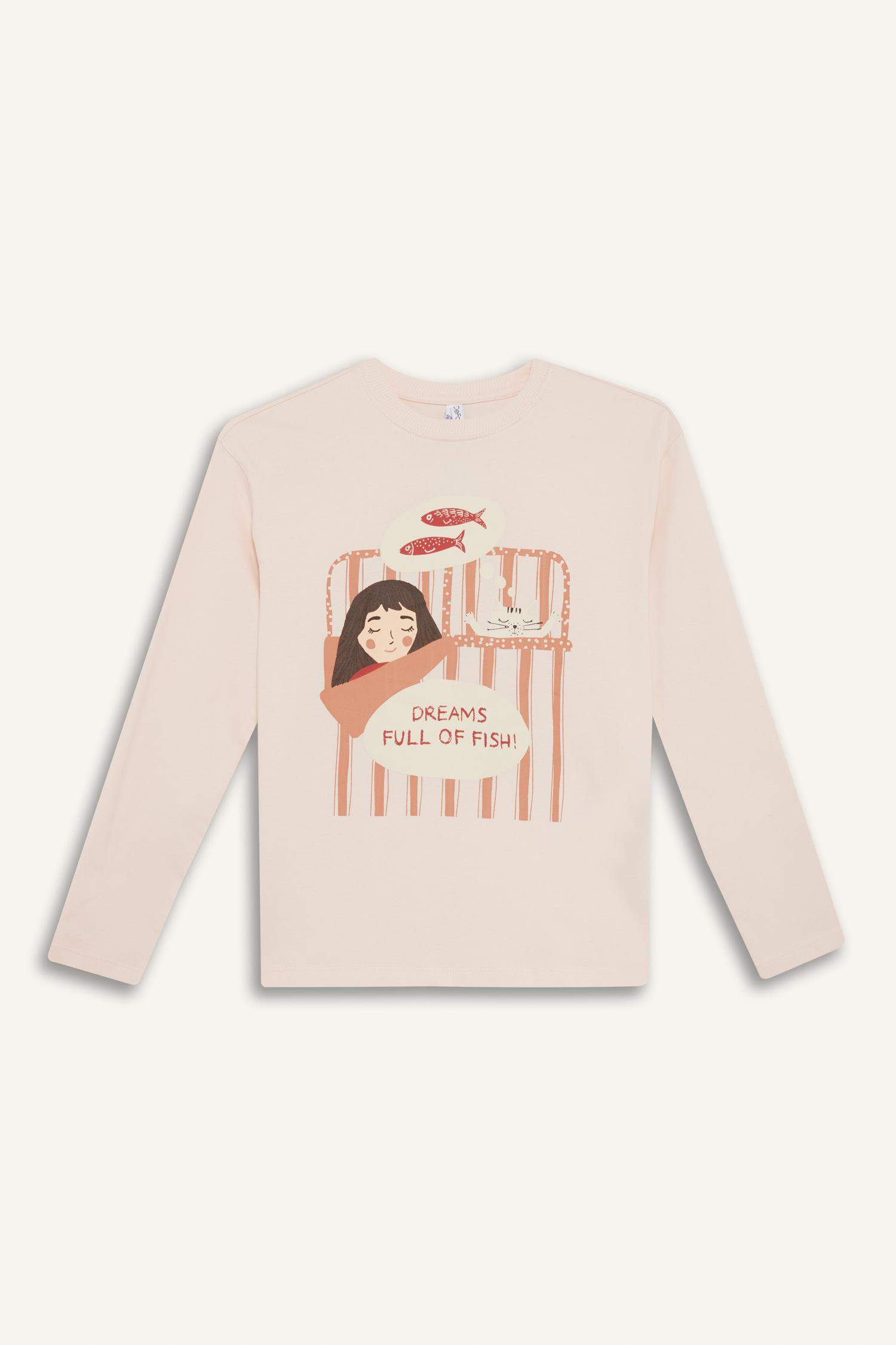 Kız Çocuk Pijama Takımı Baskılı Uzun Kollu Üst Çizgili Uzun Alt