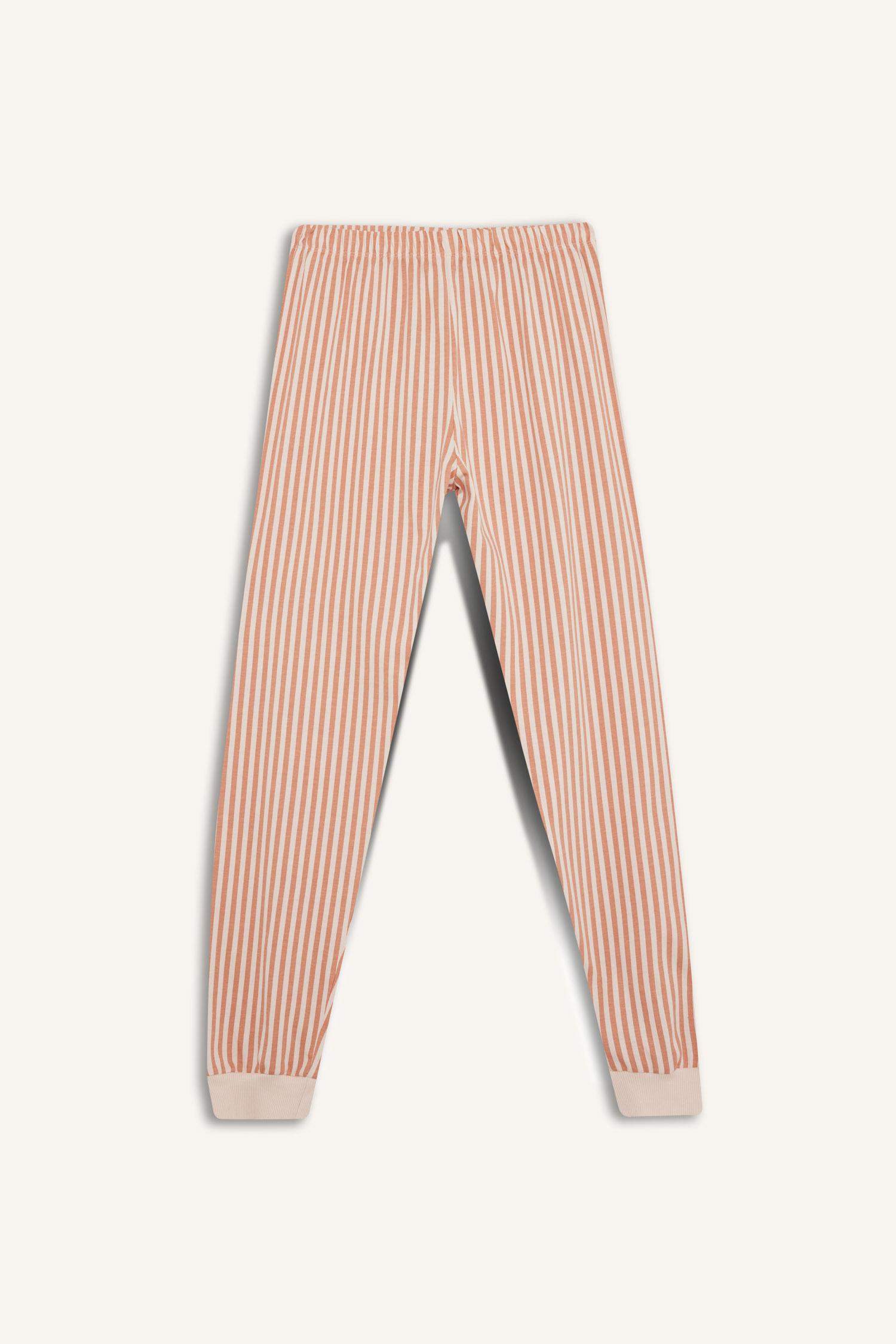 Kız Çocuk Pijama Takımı Baskılı Uzun Kollu Üst Çizgili Uzun Alt