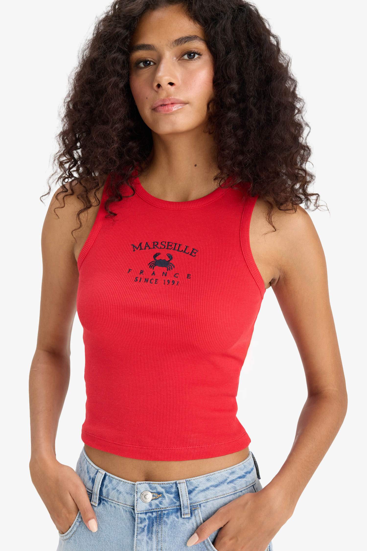 Slim Fit Dar Kesim Baskılı Halter Yaka Fitilli Kaşkorse Atlet