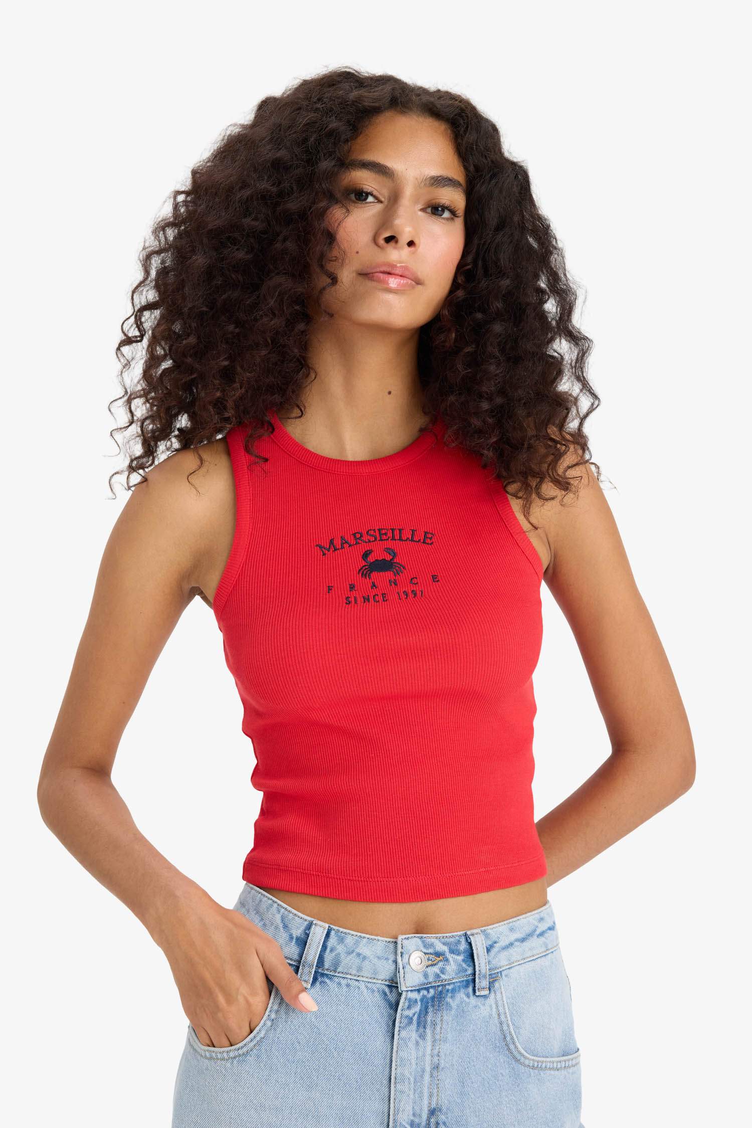 Slim Fit Dar Kesim Baskılı Halter Yaka Fitilli Kaşkorse Atlet