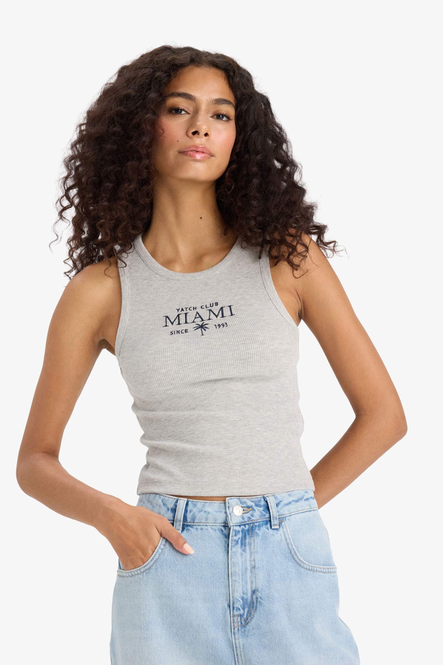 Débardeur slim côtelé imprimé à col halter