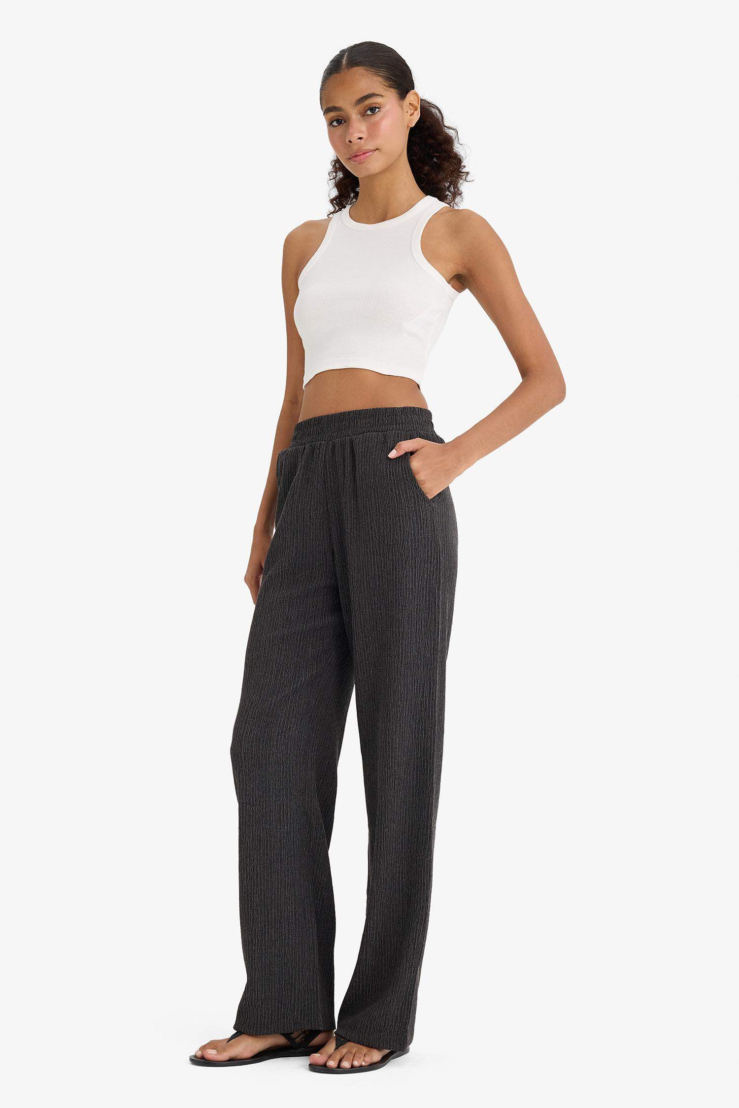 Wide Leg Basic Düz Bürümcük Geniş Paça Pantolon