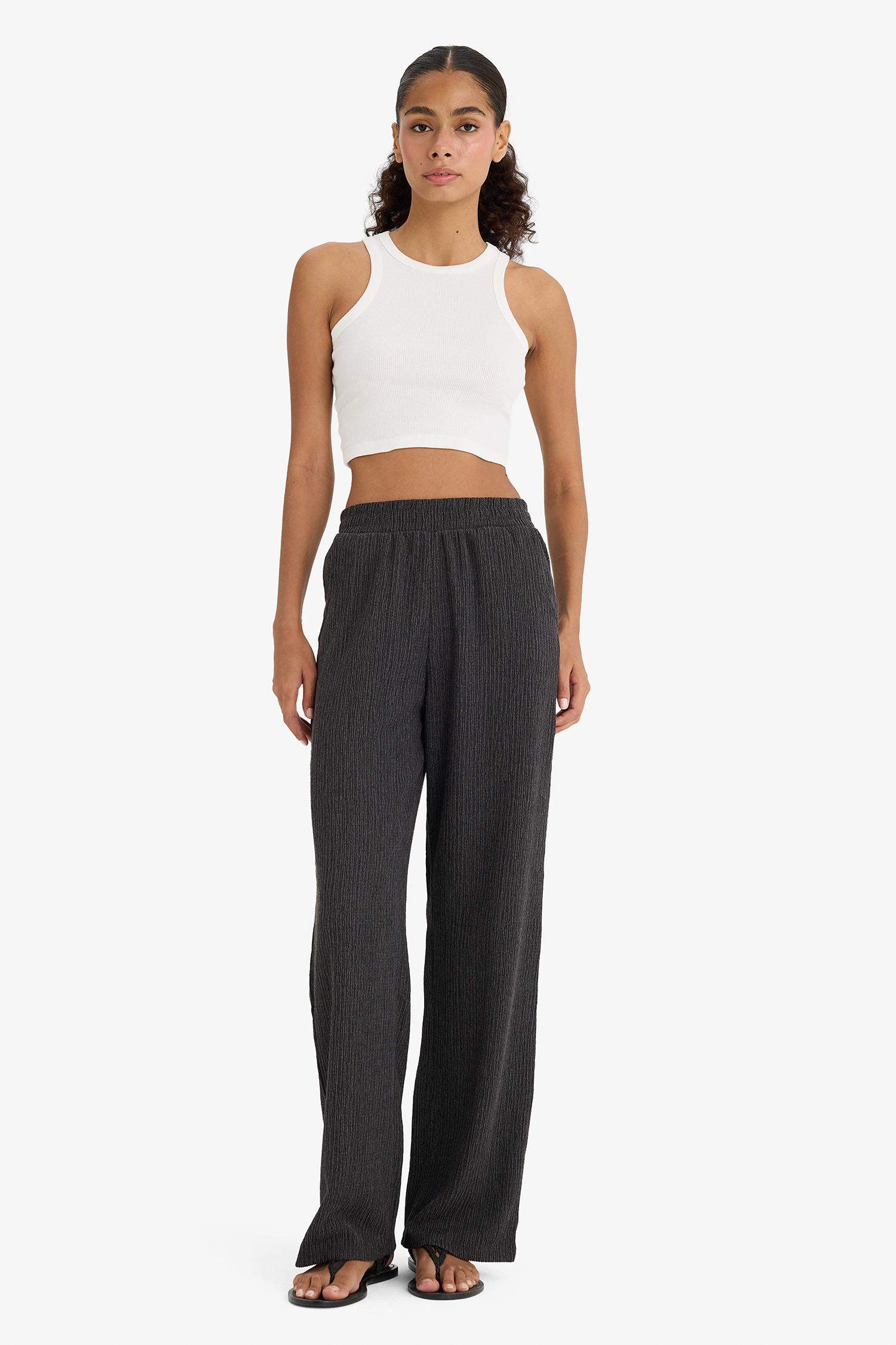 Wide Leg Basic Düz Bürümcük Geniş Paça Pantolon