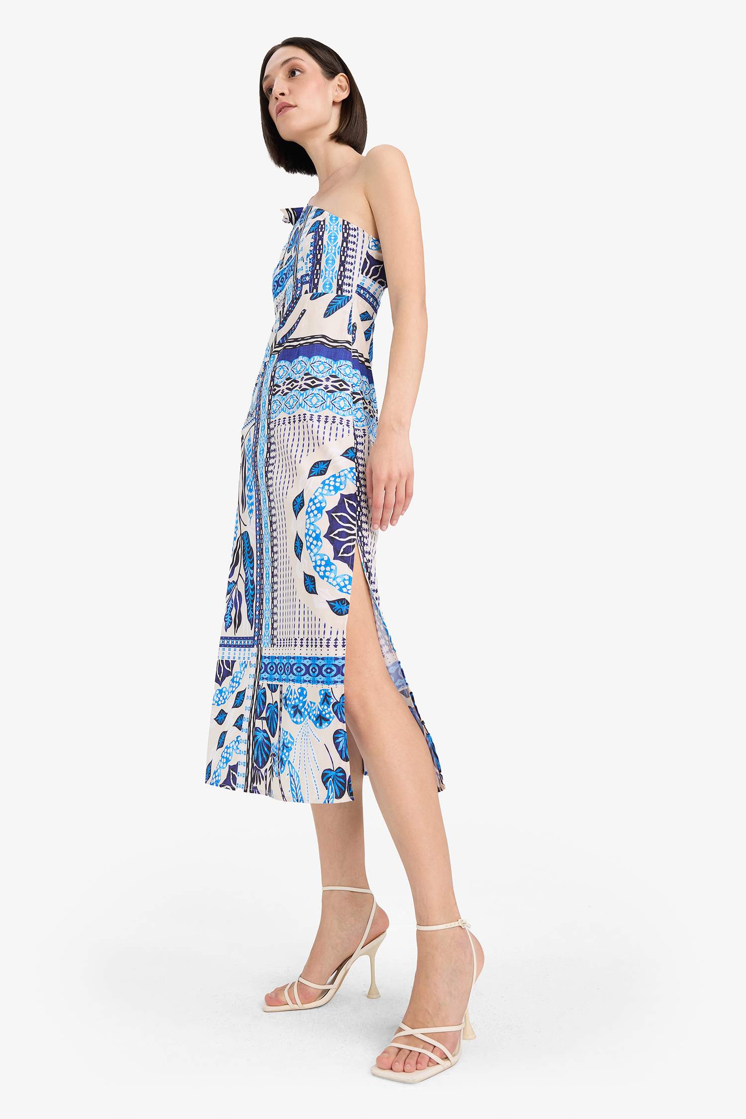 Regular Fit Tropikal Desenli Tek Omuzlu Poplin Plaj Elbisesi-Fall in Love