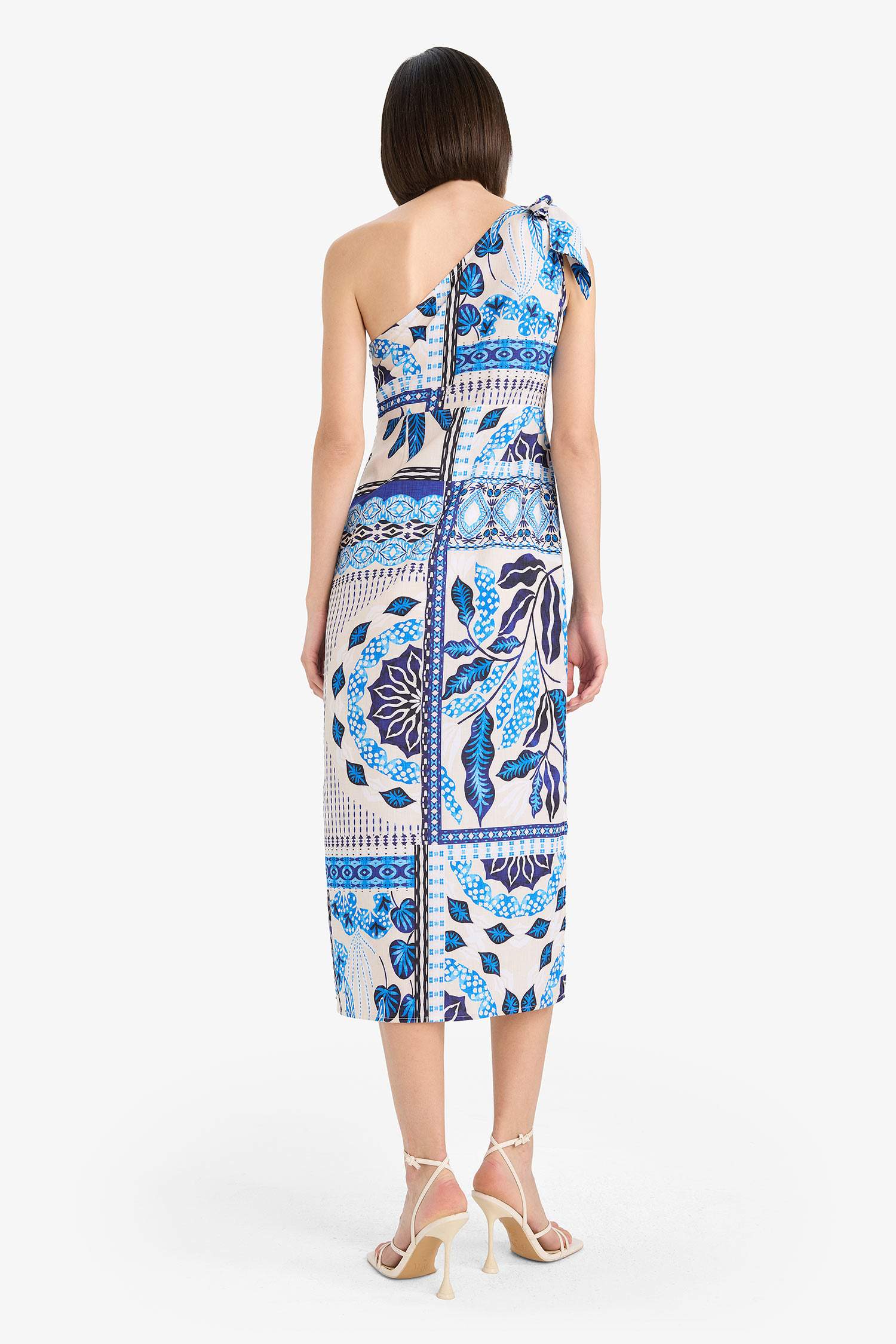 Regular Fit Tropikal Desenli Tek Omuzlu Poplin Plaj Elbisesi-Fall in Love