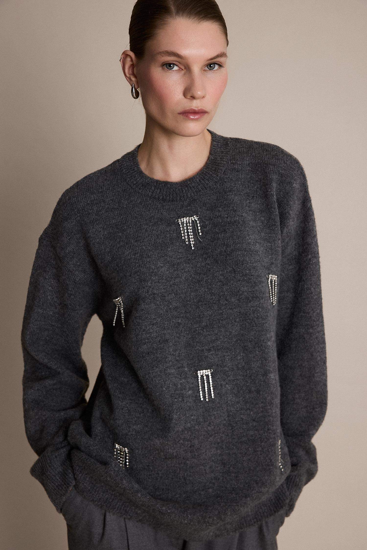 Regular Fit Bisiklet Yaka Taşlı Triko Kazak Tunik