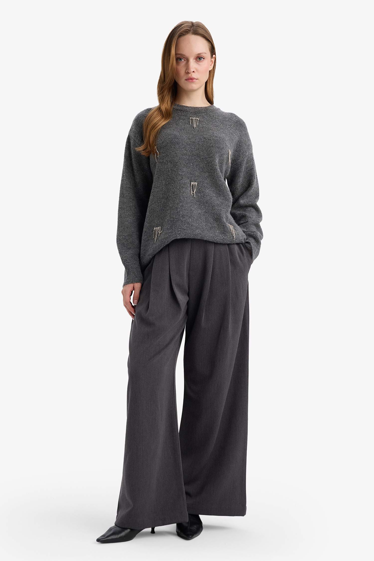 Regular Fit Bisiklet Yaka Taşlı Triko Kazak Tunik