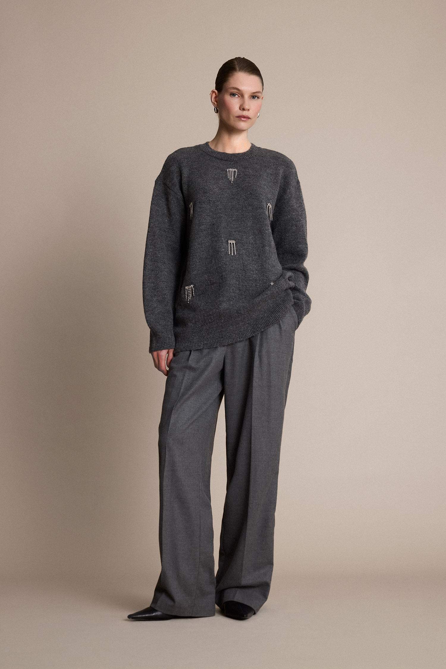 Regular Fit Bisiklet Yaka Taşlı Triko Kazak Tunik