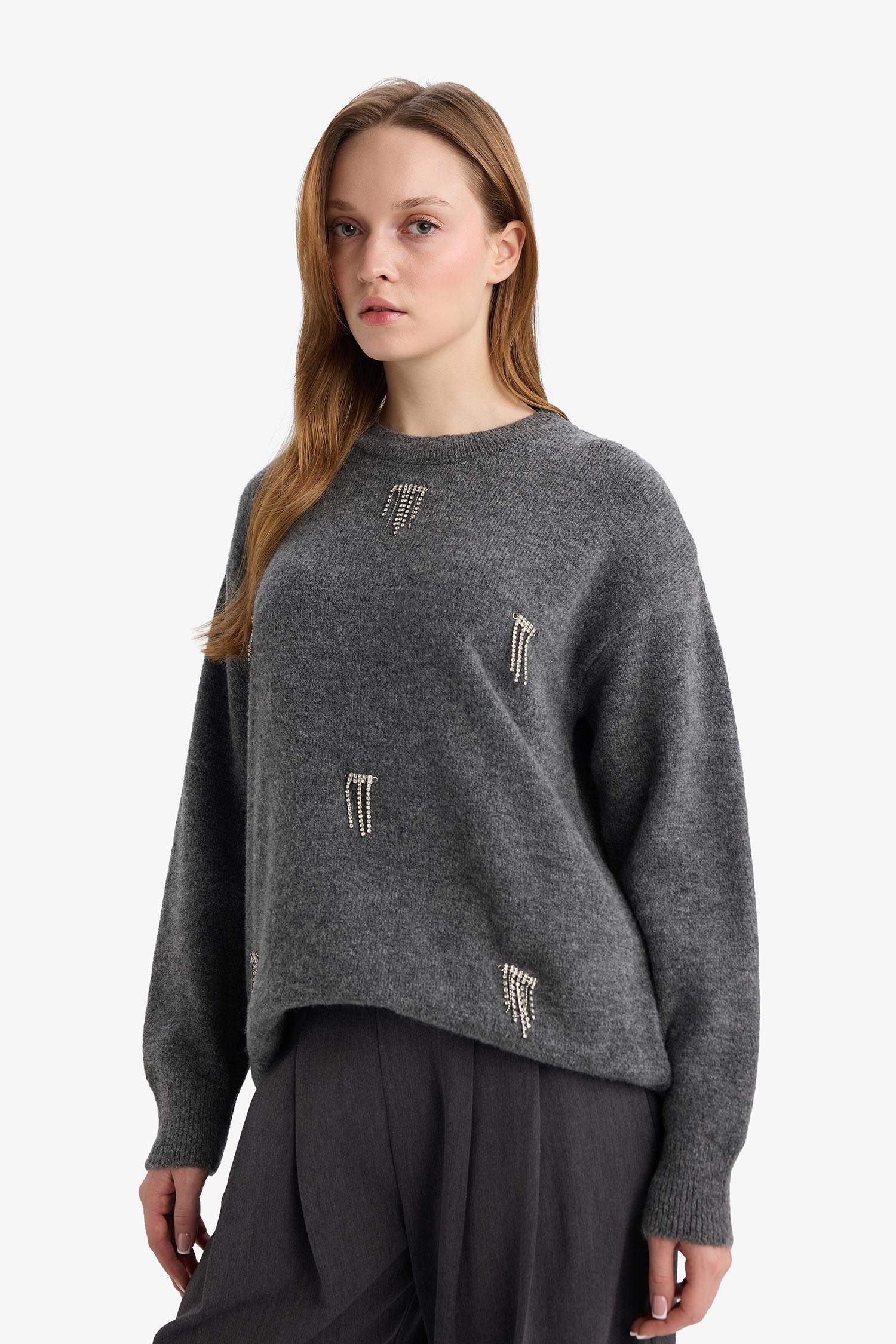 Regular Fit Bisiklet Yaka Taşlı Triko Kazak Tunik