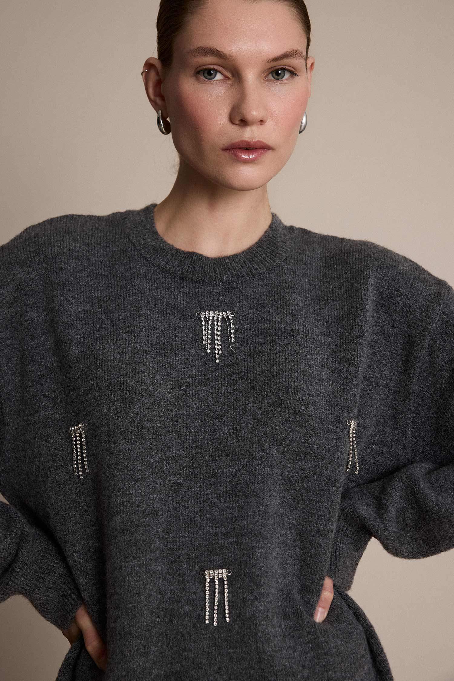 Regular Fit Bisiklet Yaka Taşlı Triko Kazak Tunik