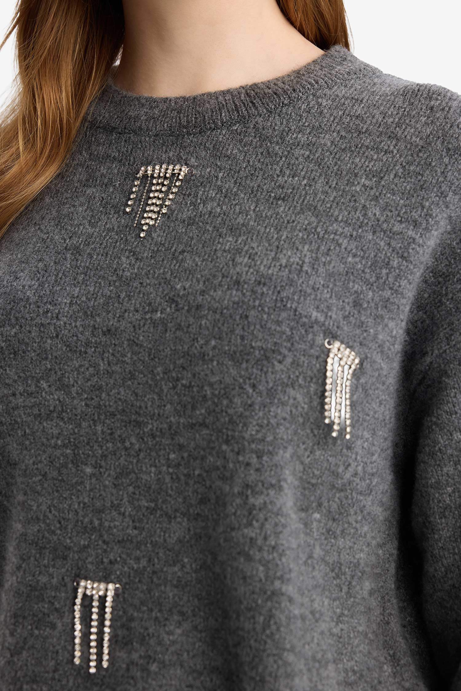 Regular Fit Bisiklet Yaka Taşlı Triko Kazak Tunik