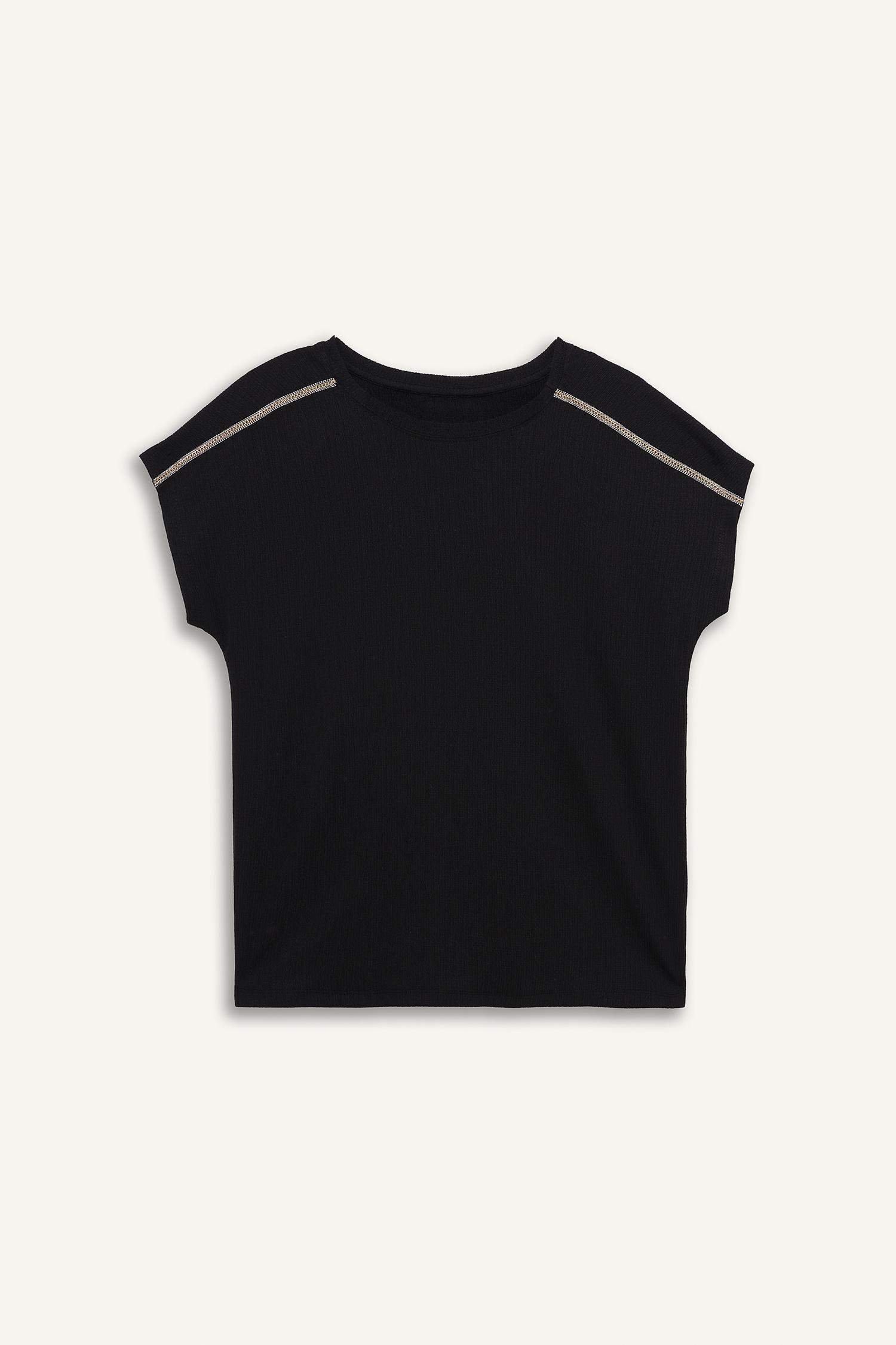 Crew Neck Crepe Short Sleeve Black T-Shirt