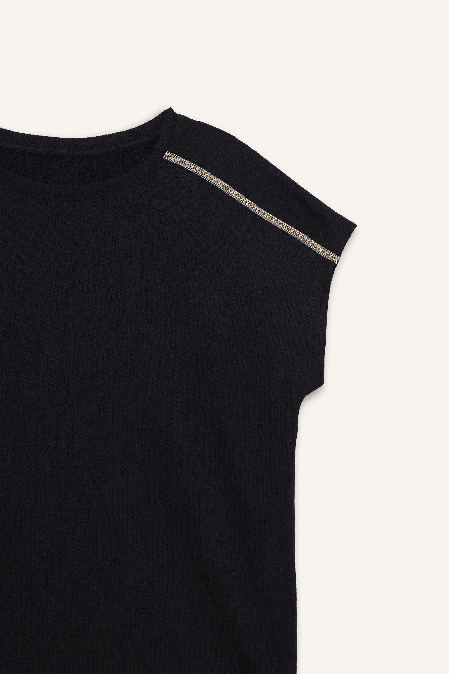 Crew Neck Crepe Short Sleeve Black T-Shirt