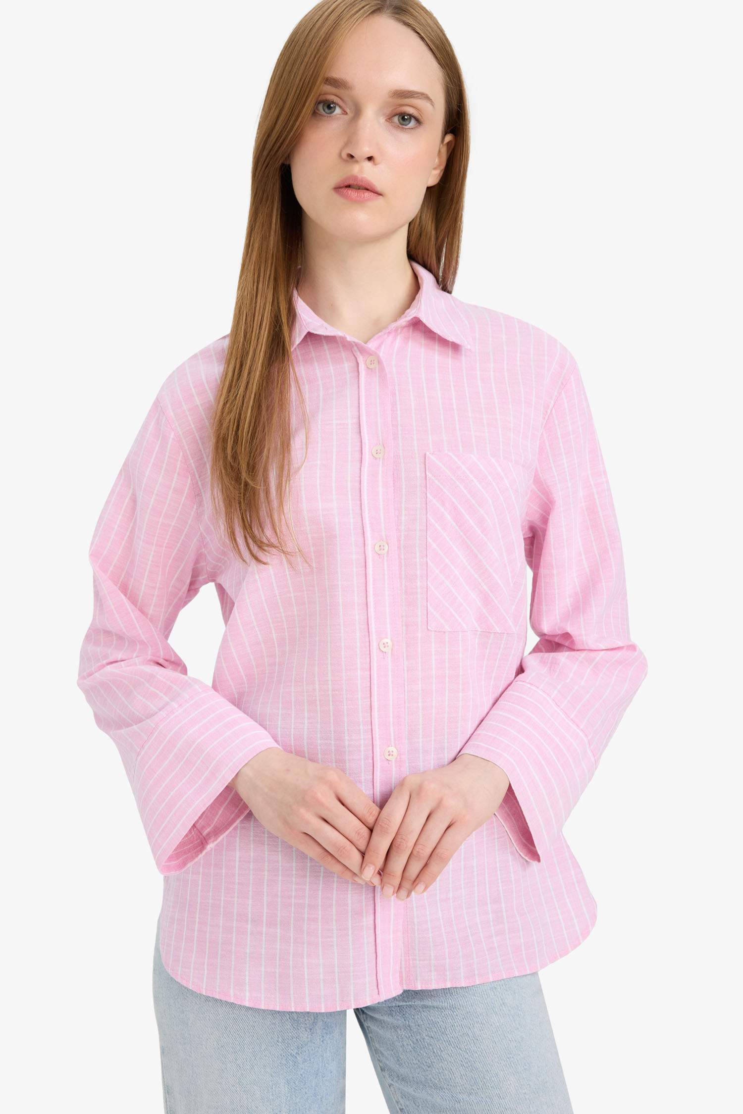 Relax Fit Çizgili Flamlı Pamuk Uzun Kollu Gömlek Tunik