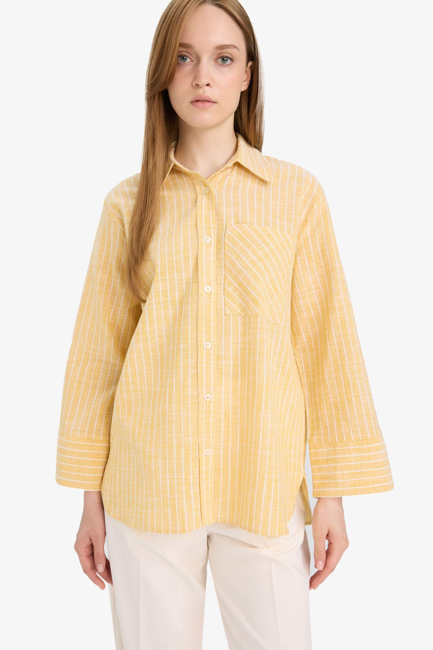Relax Fit Çizgili Flamlı Pamuk Uzun Kollu Gömlek Tunik