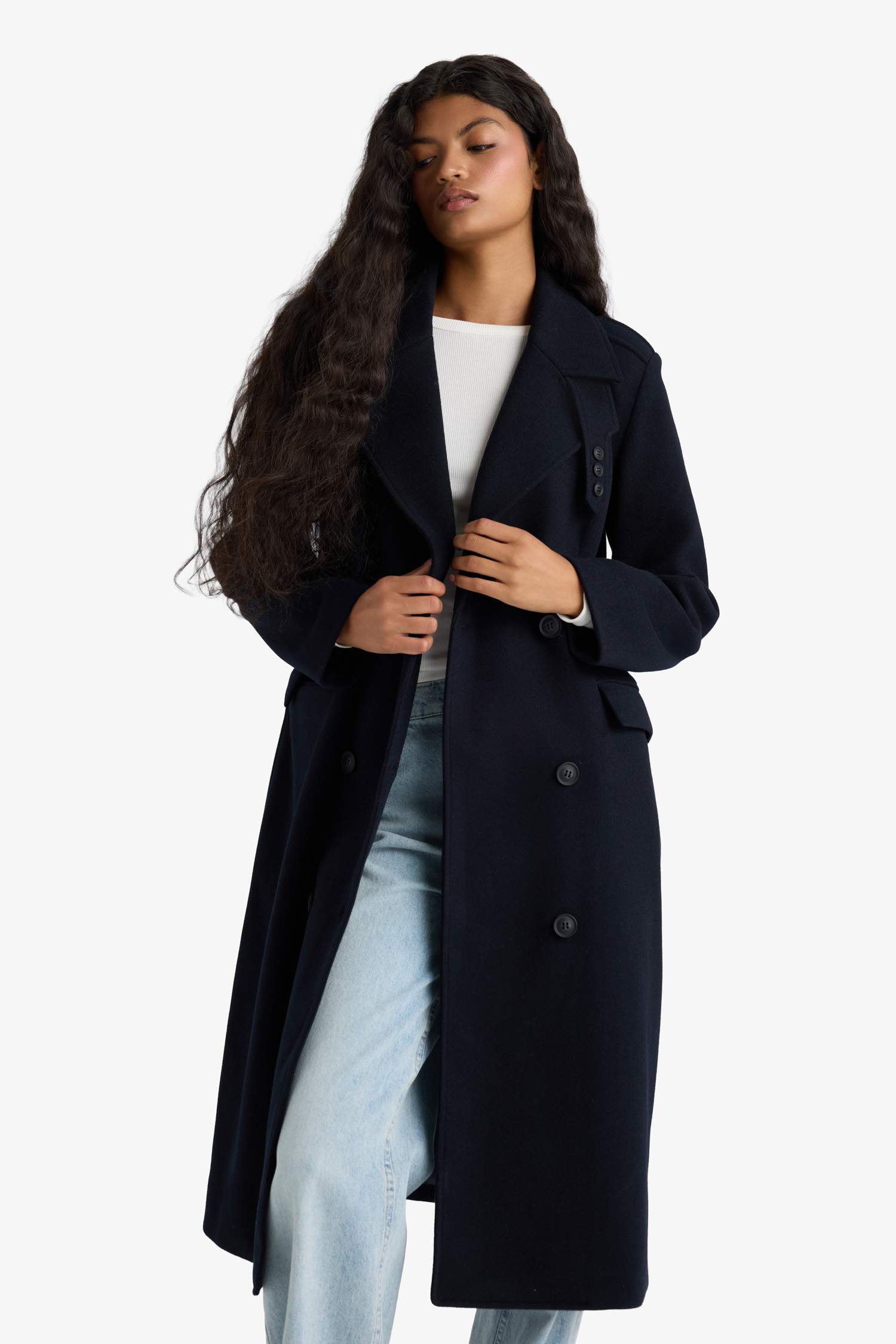 Regular Fit Düğmeli Uzun Kaşe Kaban