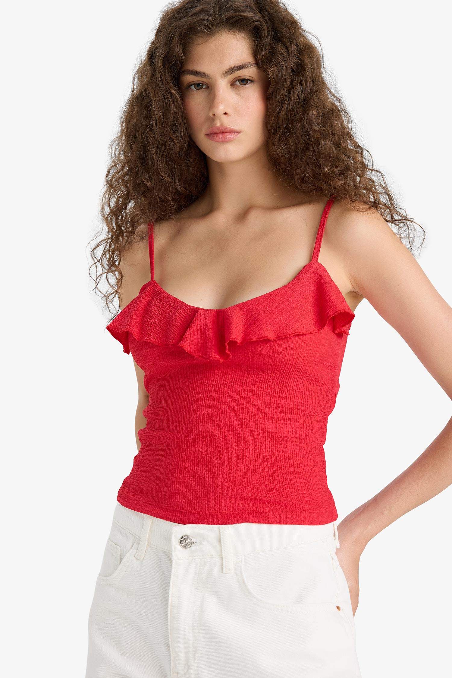 Slim Fit Dar Kesim Fırfırlı Yaka Askılı Kırmızı Atlet