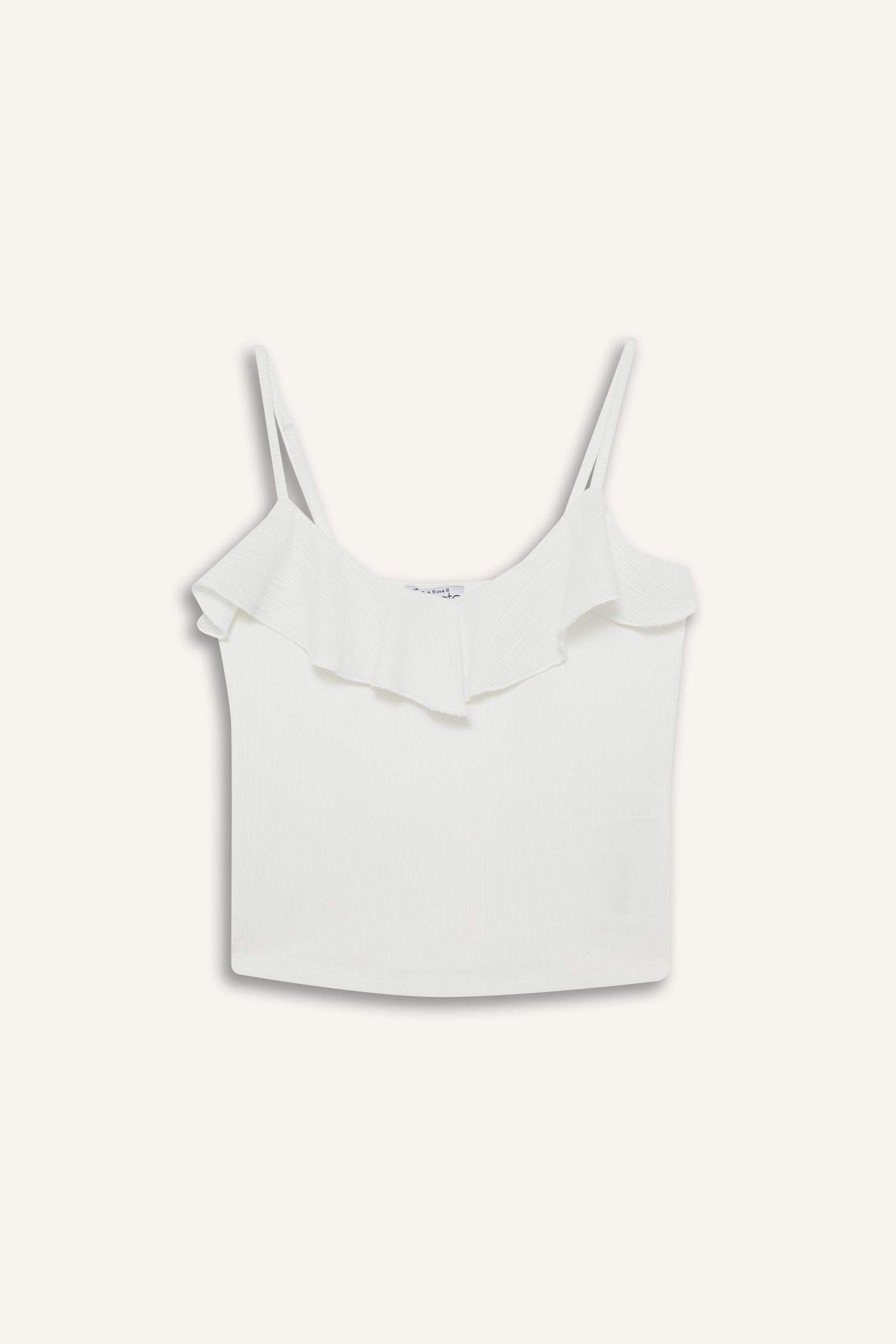 Slim Fit Dar Kesim Fırfırlı Yaka Beyaz Askılı Atlet