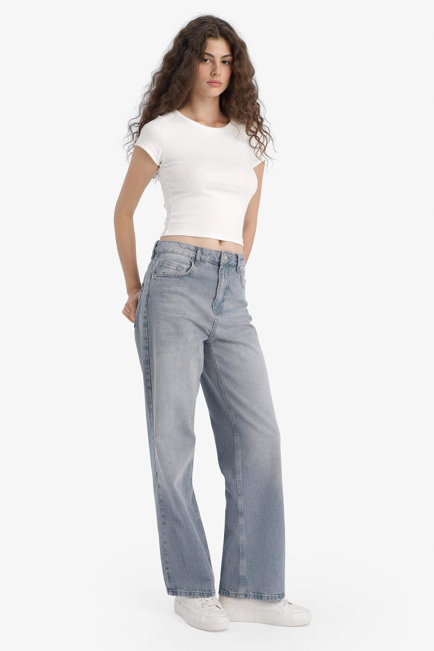 90's Wide Leg Yüksek Bel Uzun Jean Yıkamalı Pantolon